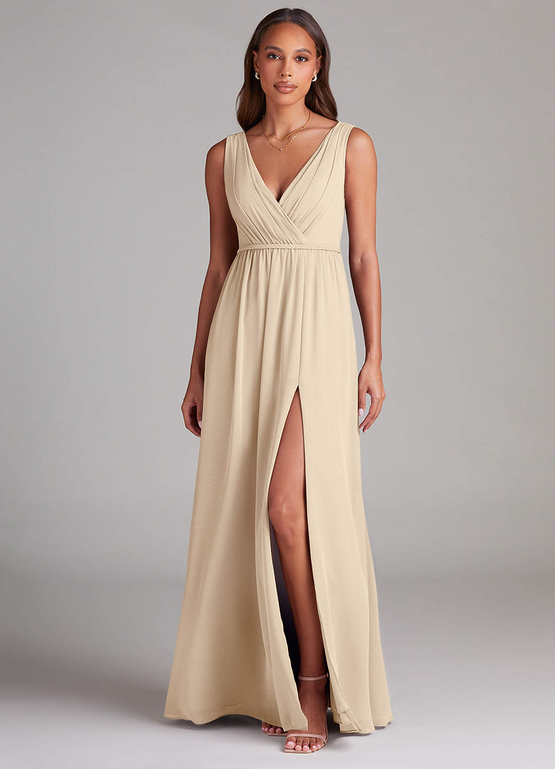Azazie Tanicia Bridesmaid Dresses Champagne A-Line Pleated Chiffon Dress image1