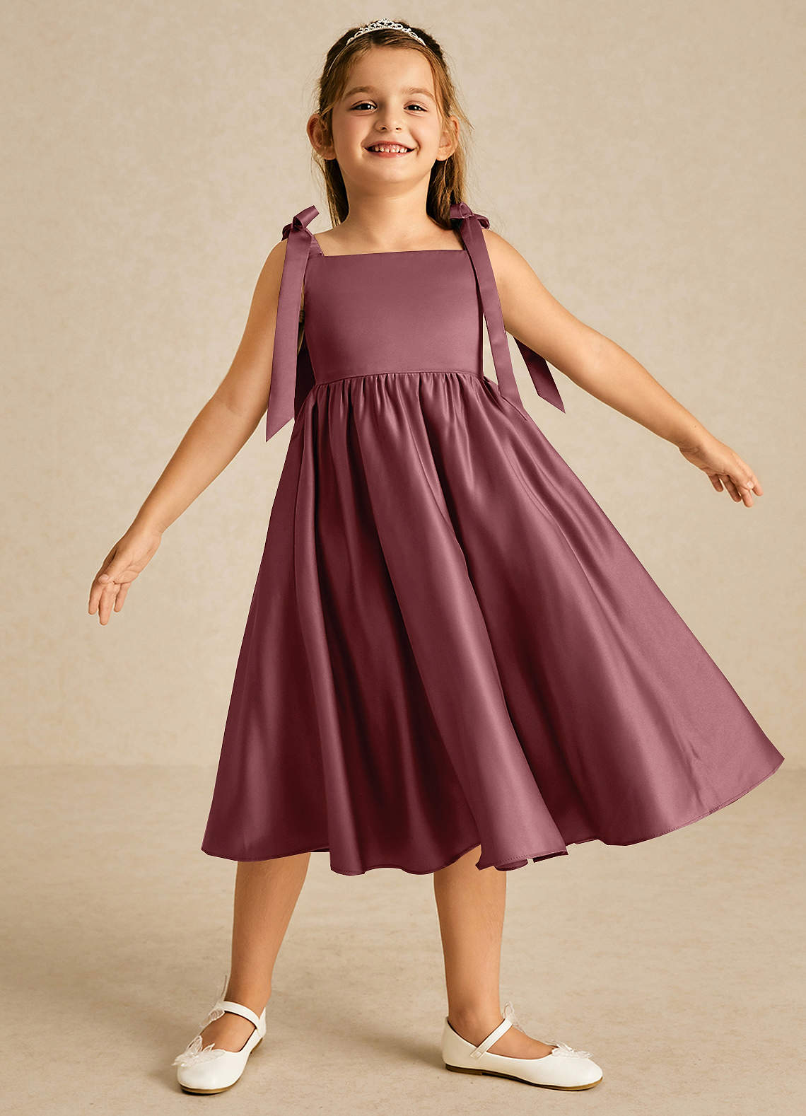Azazie Chelsie Blumenmädchenkleider A-Linie Schleifen Matte Satin Kleid Wüstenrose image1