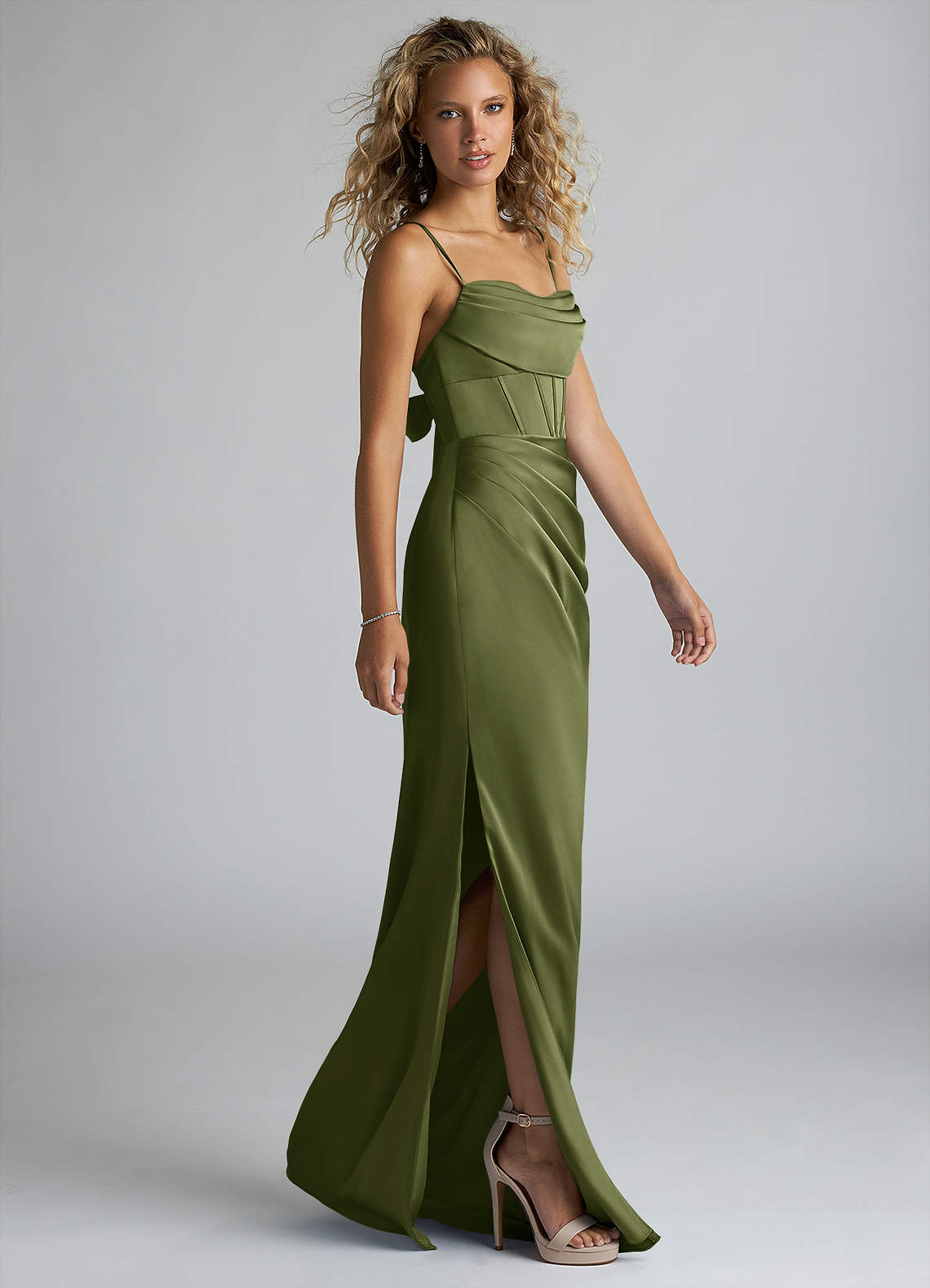 Azazie Sheath Cowl Floor-Length Stretch Satin Bridesmaid Dresses - Olive