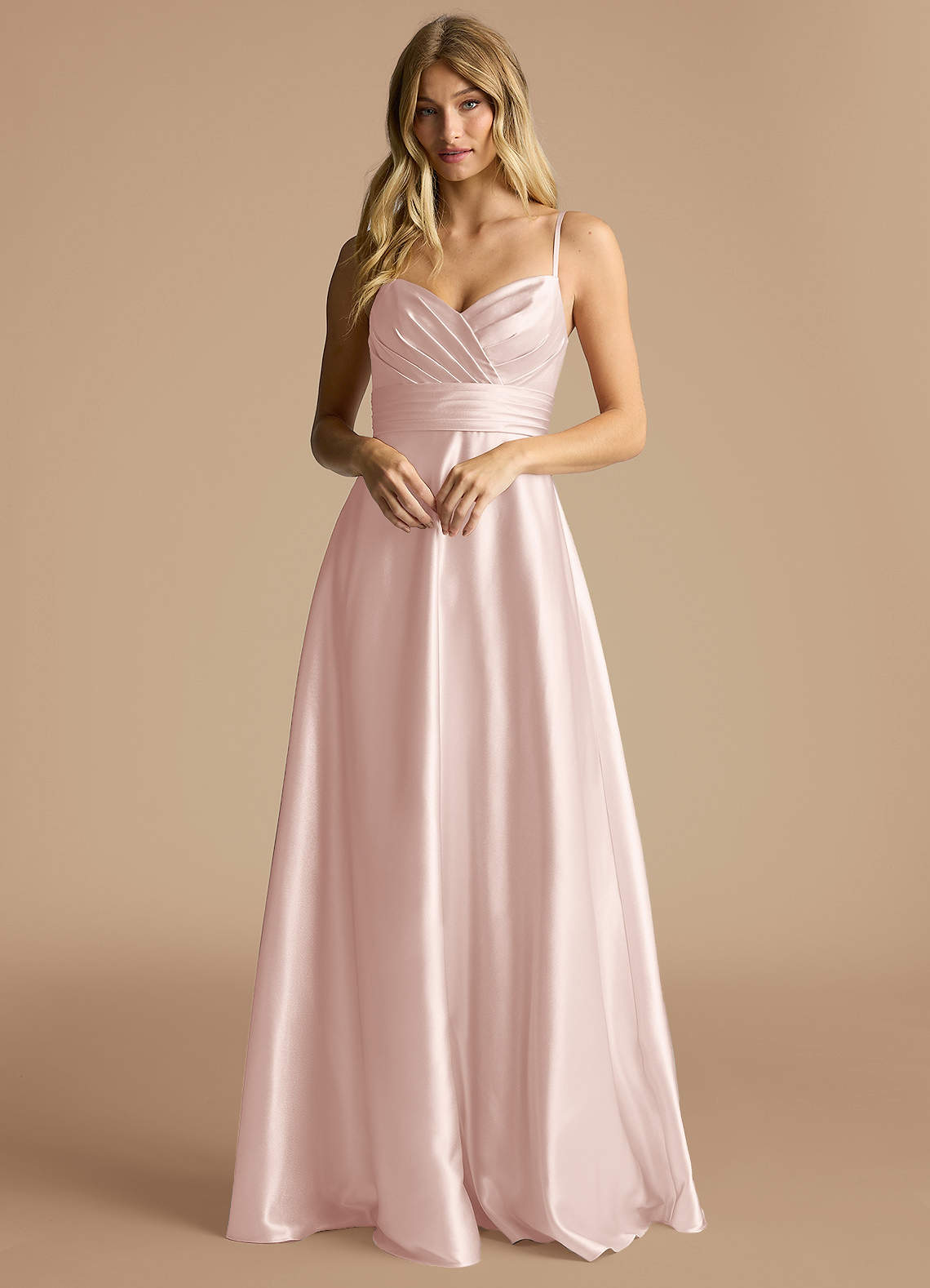 Azazie Oliana Bridesmaid Dresses Blushing Pink A-Line Pleated Metallic Satin Dress image1