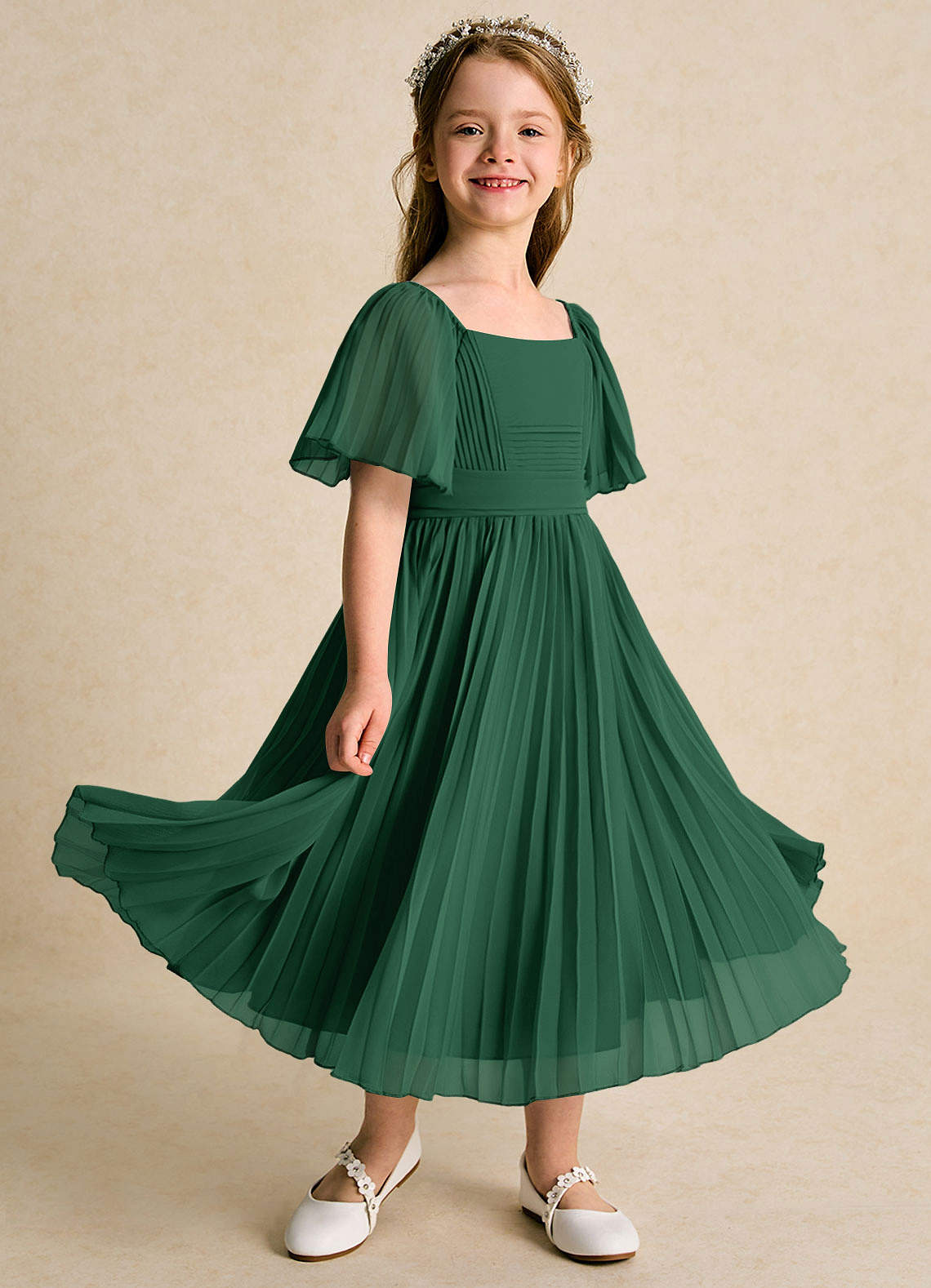 Azazie Gisele Flower Girl Dresses Dark Green A-Line Pleated Chiffon Dress image1