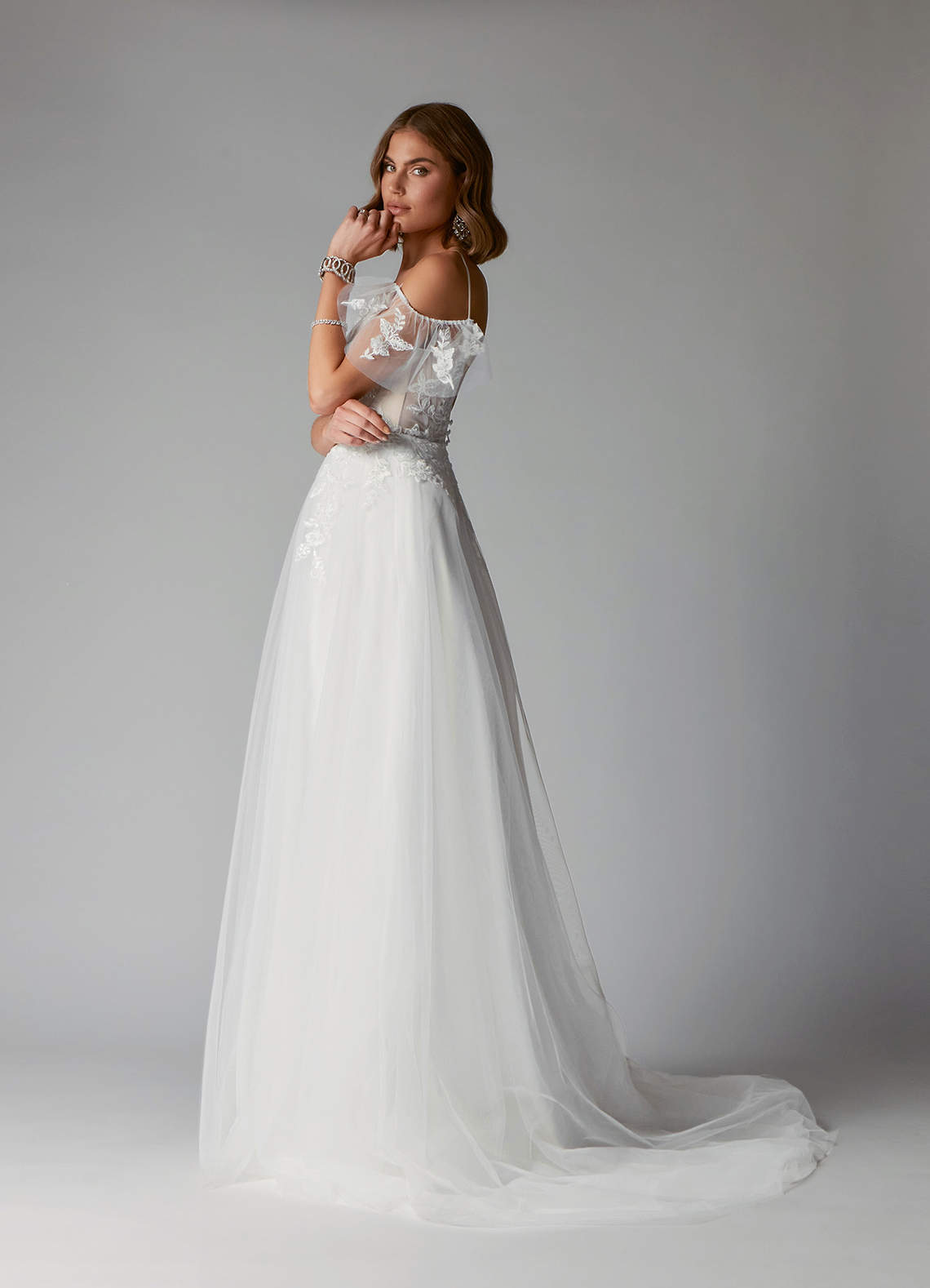 Diamond White/Champagne Azazie Liana A-Line V-Neck Sequins Tulle Tea-Length  Dress