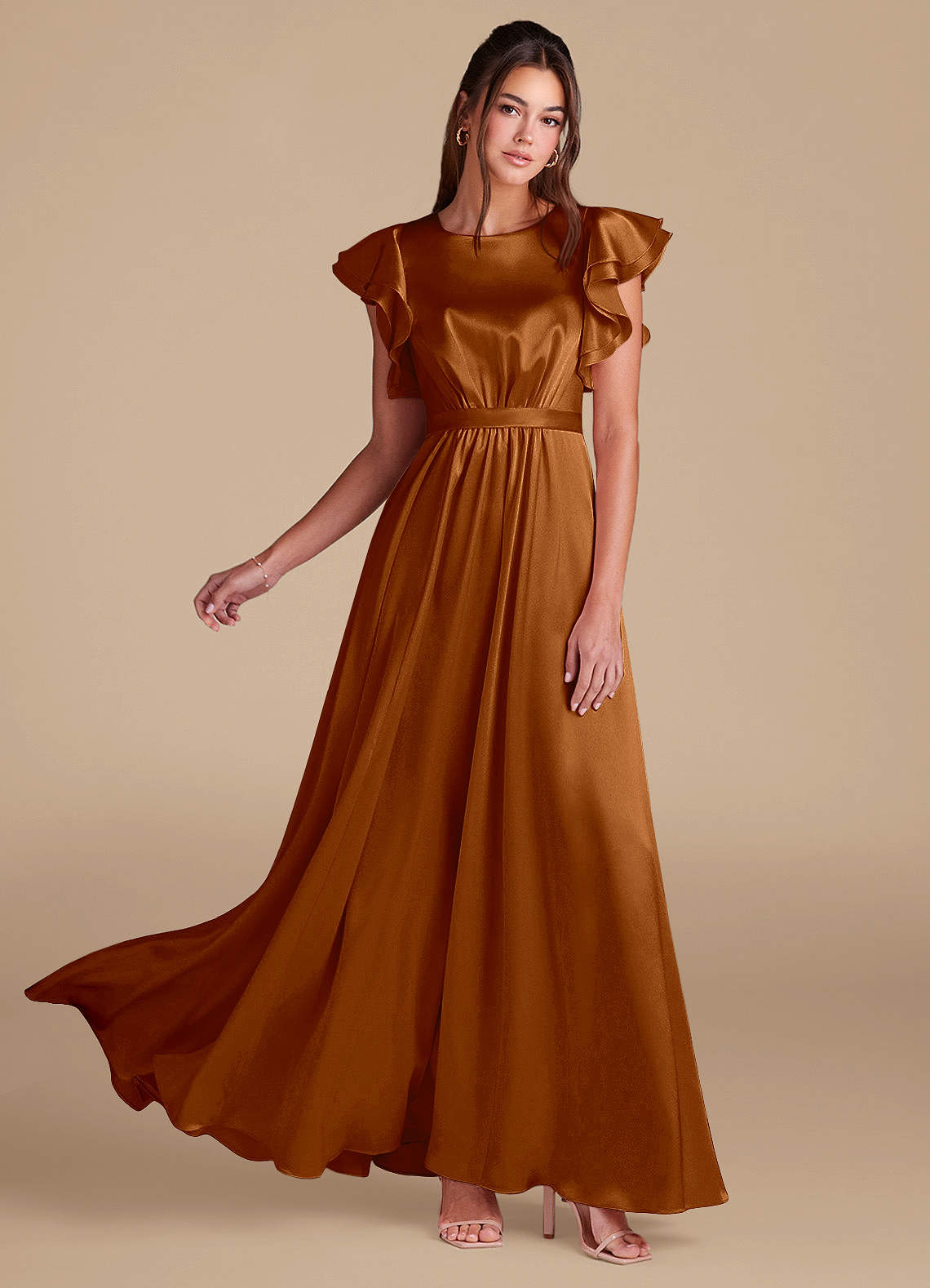 Azazie Daphne Robes de demoiselle d'honneur modestes Robe Trapèze Rayé Longueur ras du sol Satiné métallisé image1