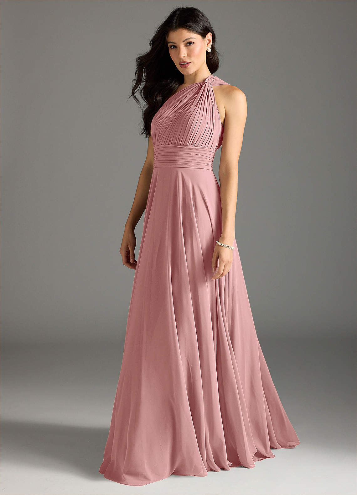 Azazie Charlize Vestidos de damas de honor Vestido de Rosa Polvorienta de Gasa de Corte en A con Hombro unilateral image3