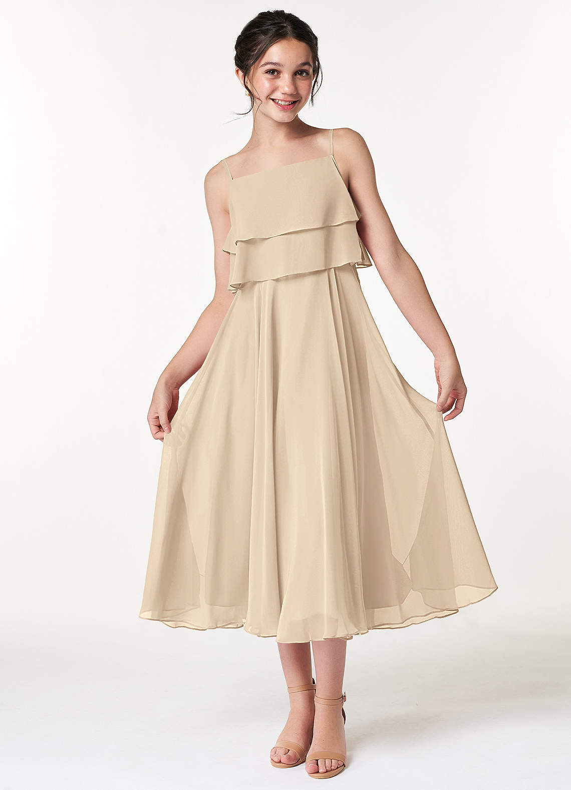 Azazie Ensley A-Line Pleated Chiffon Tea-Length Junior Bridesmaid Dress image1