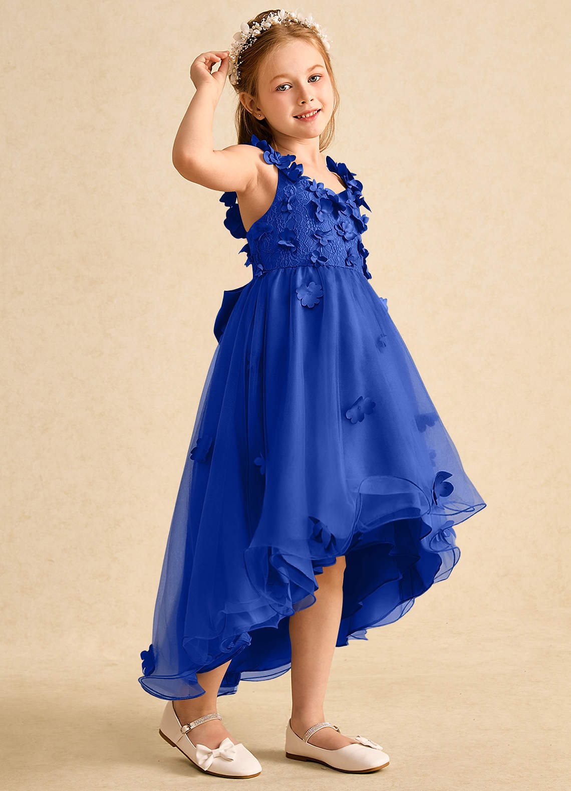 Azazie Tweety Robe Demoiselle D'honneur Fillette Robe Trapèze en Tulle Dentelle Bleu Roi image1