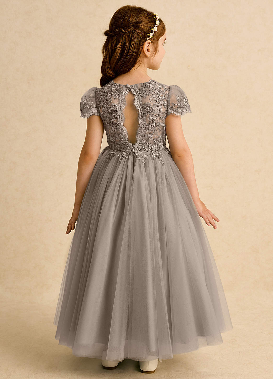 Azazie Puff Flower Girl Dresses Taupe Ball-Gown Lace Tulle Dress image1