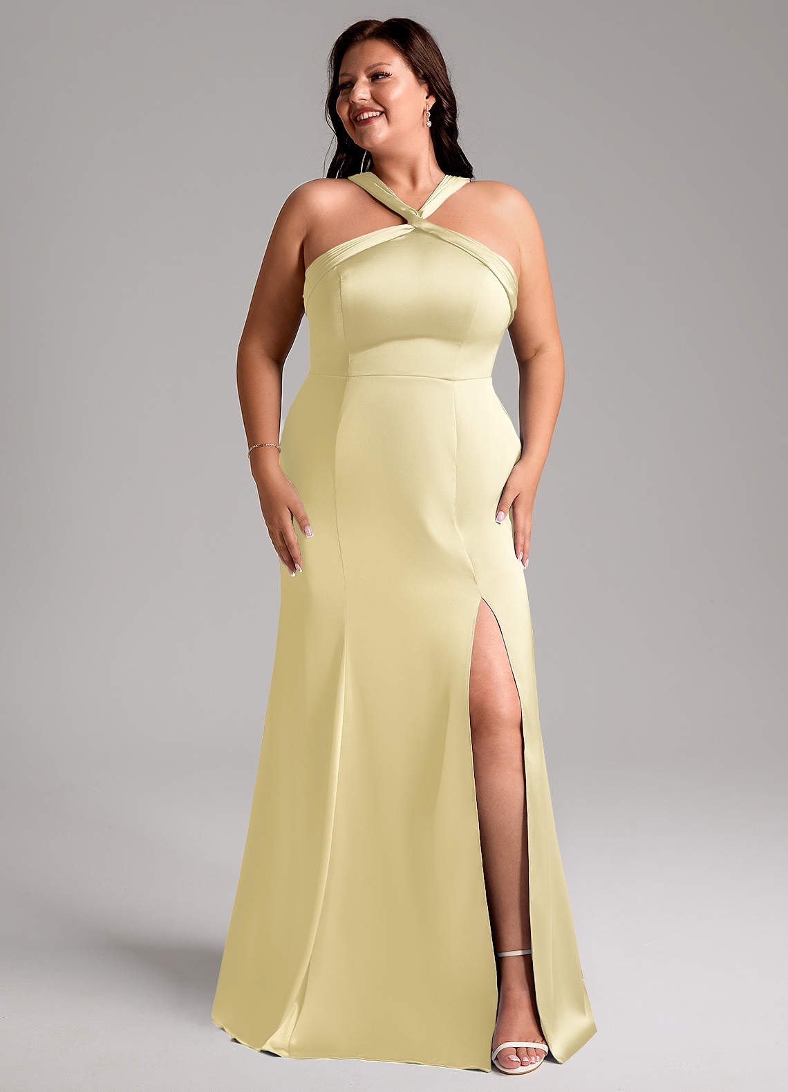 Azazie Rue Vestidos de damas de honor Vestido de Sorbete De Limón de Satén Elástico de Corte Sirena con Plisado image9