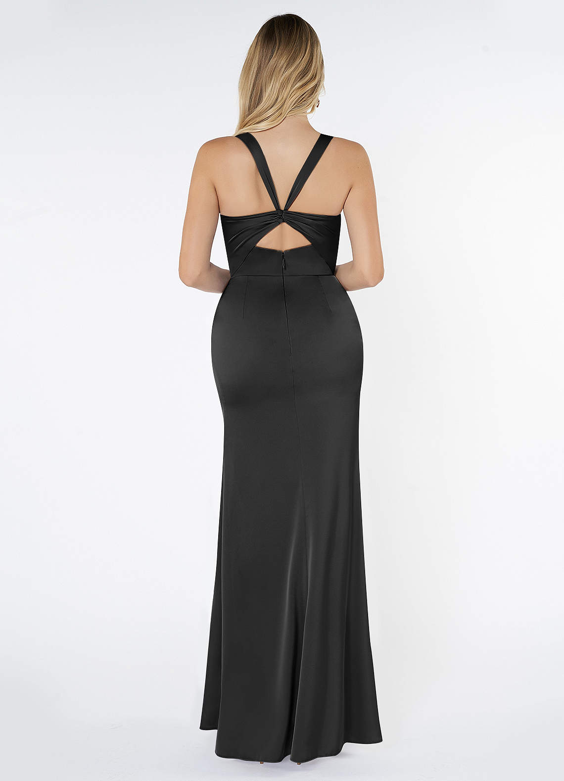 Azazie Mero Bridesmaid Dresses Black Sheath Pleated Stretch Satin Dress image1