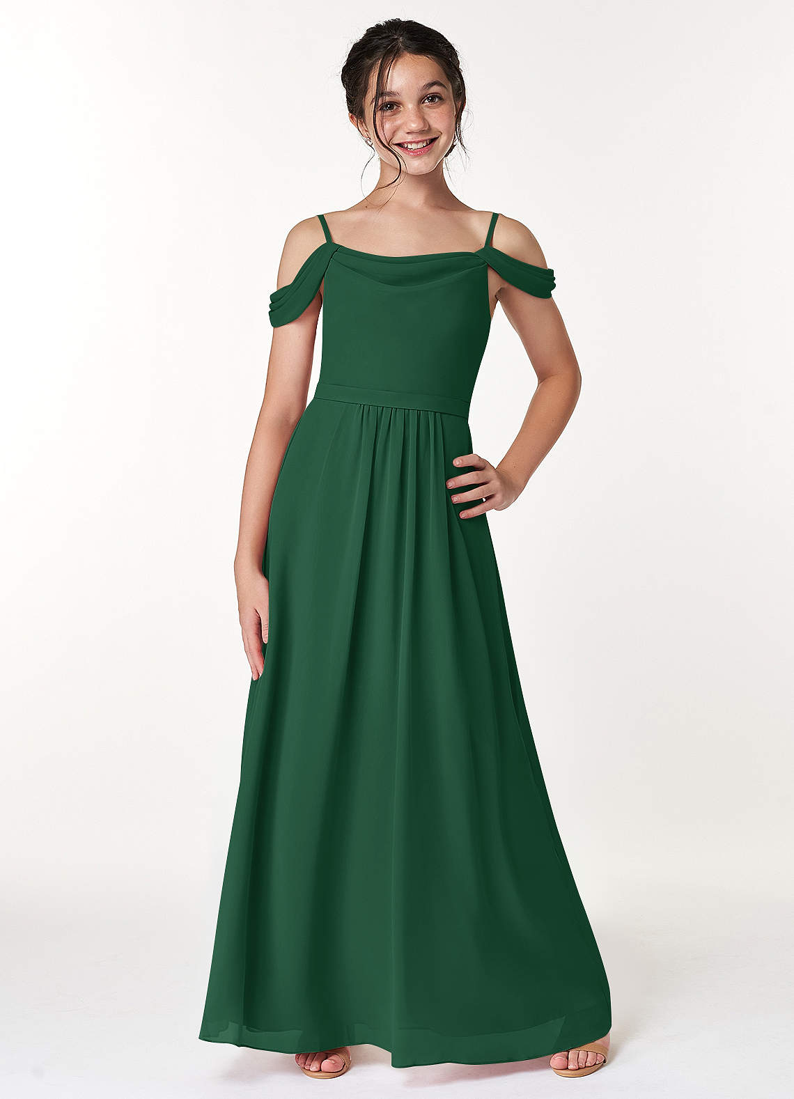 Azazie Alivia Junior Dark Green A-Line Off the Shoulder Chiffon Dress image1