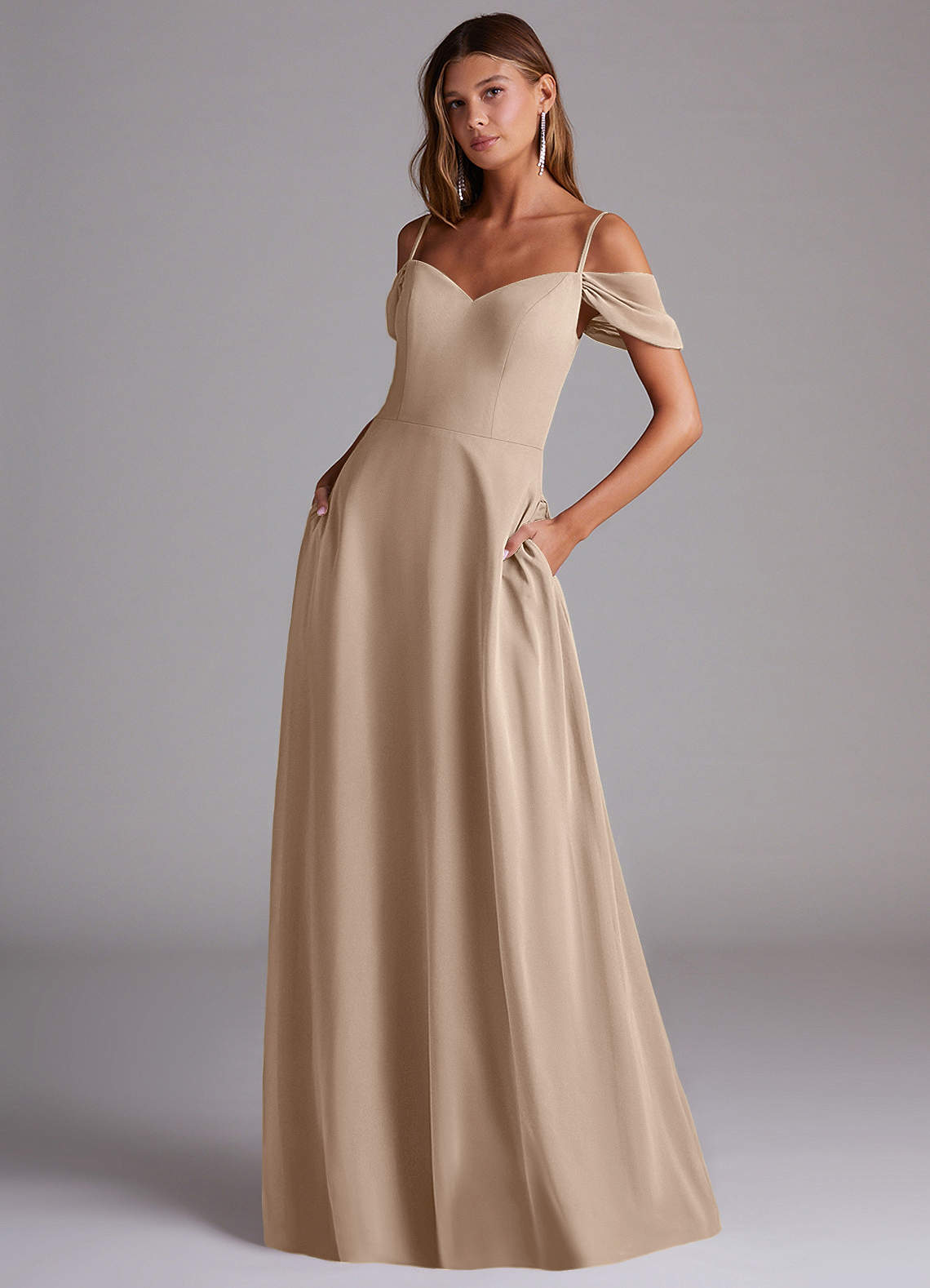 Azazie Marley Bridesmaid Dresses Taupe A-Line Off the Shoulder Chiffon Convertible Dress image1
