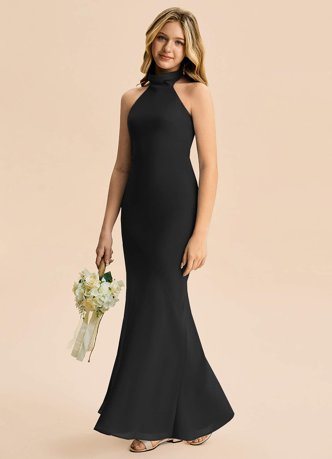 Azazie Velli Junior Vestido Preto de Chiffon de sereia com Pescoço alto image3