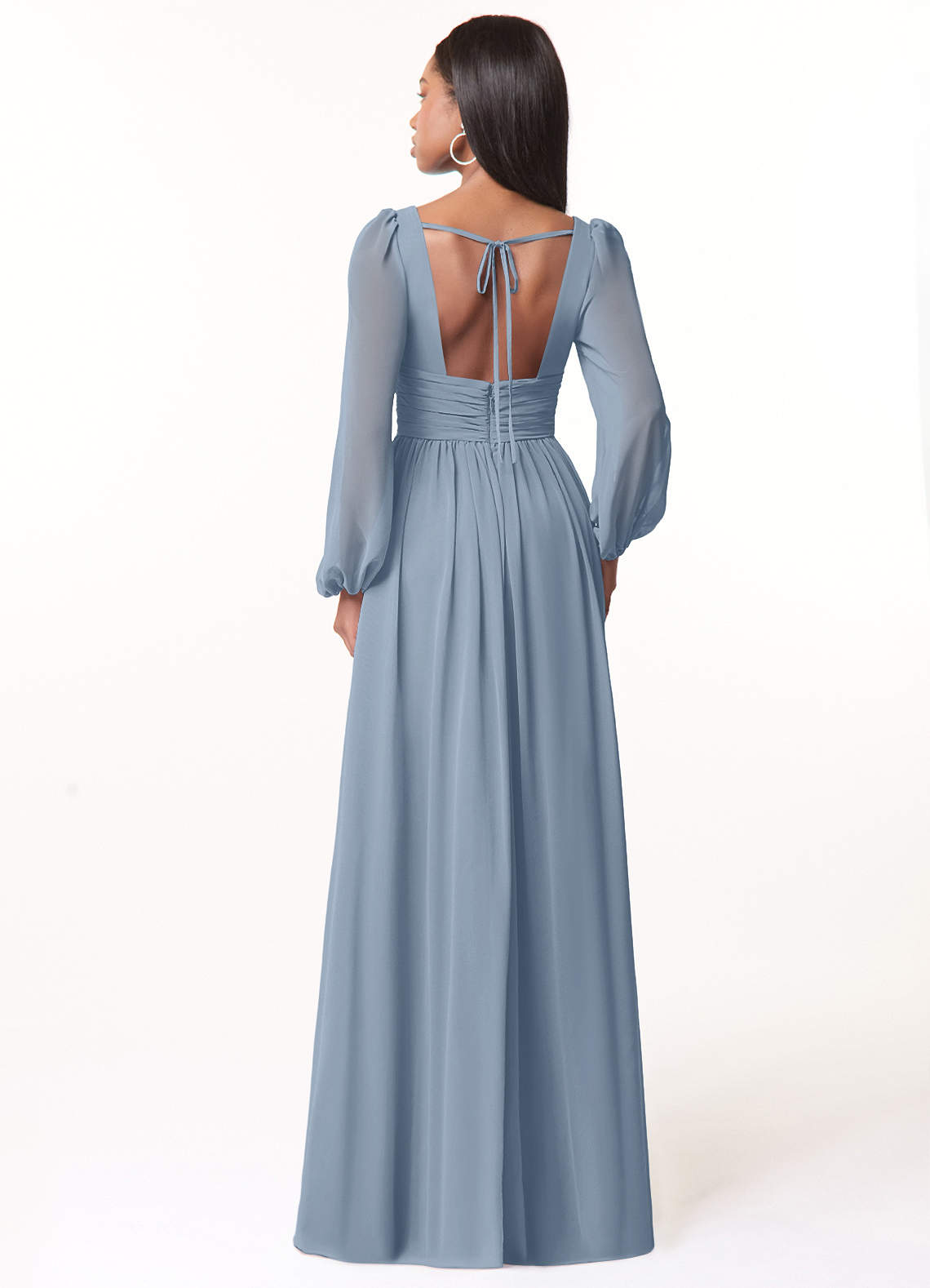 Azazie Norah Bridesmaid Dresses Dusty Blue A-Line V-Neck Long Sleeve Chiffon Dress image1