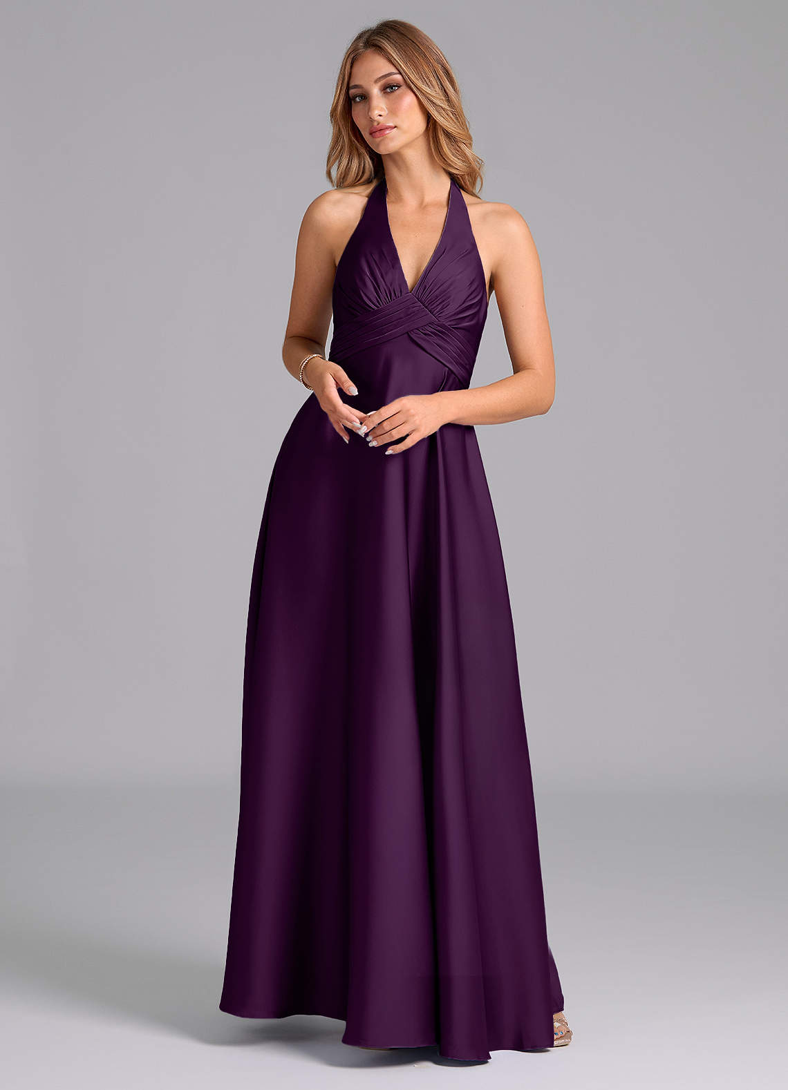 Azazie Tessie Bridesmaid Dresses Grape A-Line Pleated Stretch Satin Dress image1