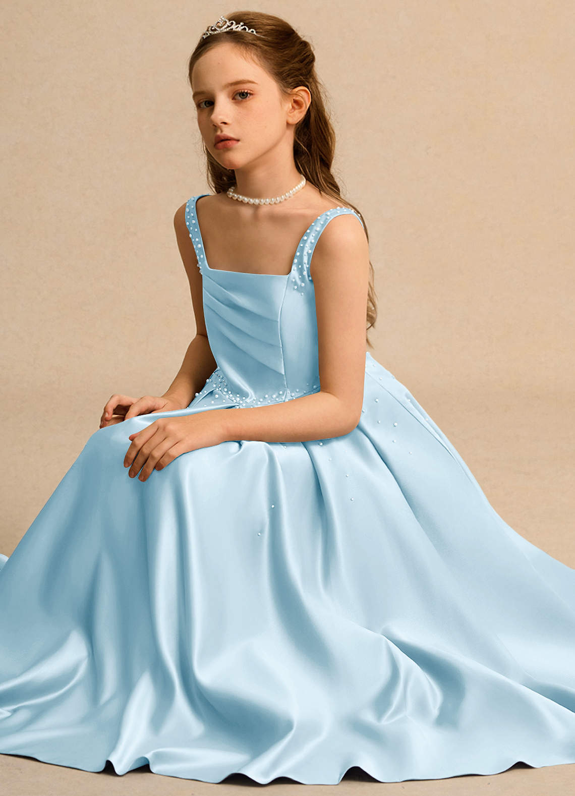 Azazie Ball-Gown Square Neck Ankle-Length Matte Satin Flower Girl Dresses - Sky Blue