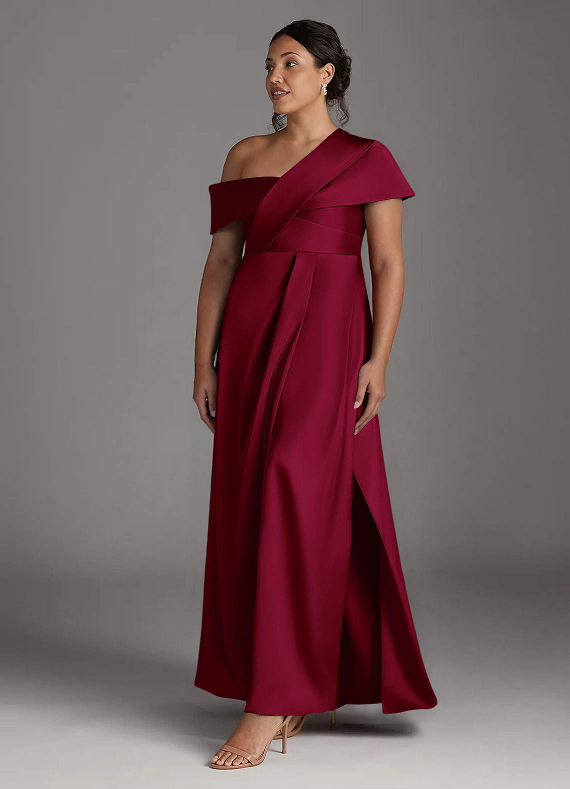 Azazie Milton Mother of the Bride Dresses Burgundy A-Line Pleated Stretch Satin Dress image10