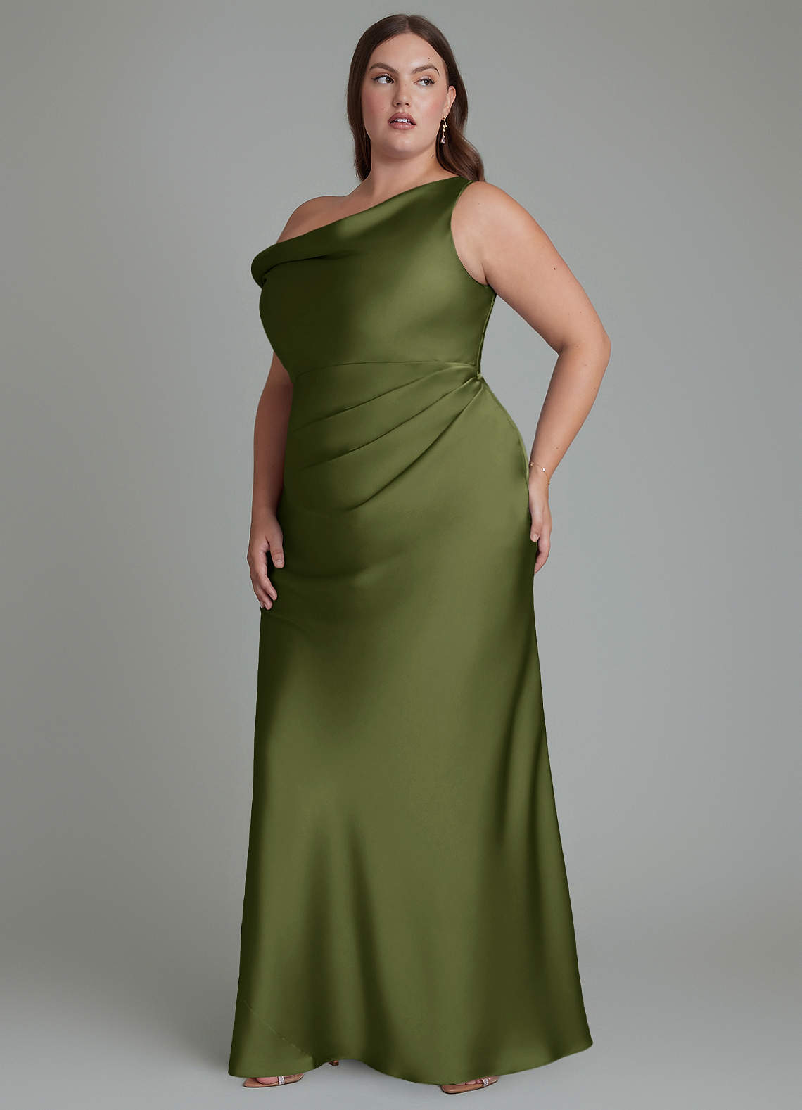 Azazie Emerson Bridesmaid Dresses Olive Mermaid Off the Shoulder Stretch Satin Dress image10