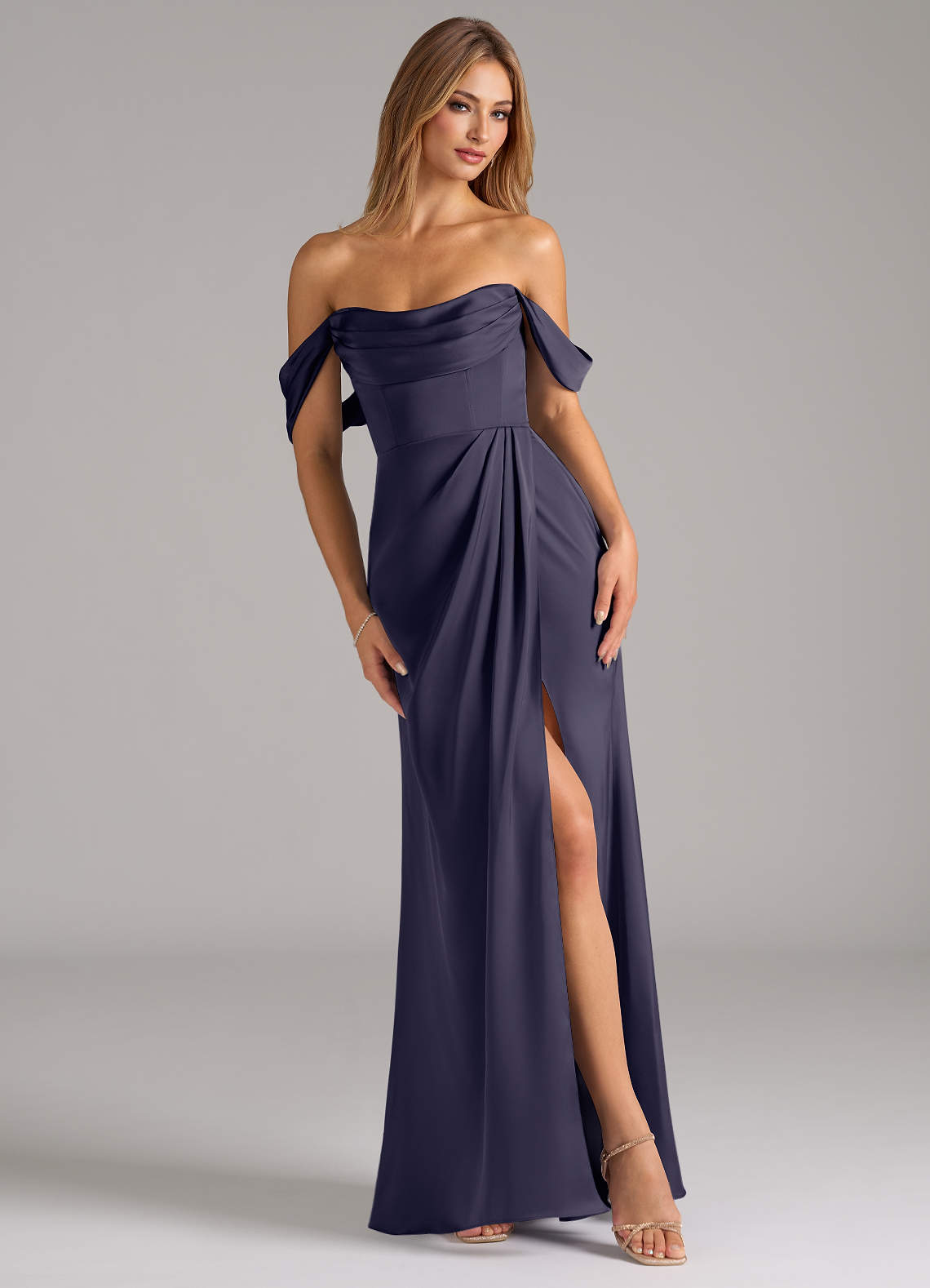 Azazie Johana Bridesmaid Dresses Stormy Mermaid Off the Shoulder Stretch Satin Convertible Dress image1