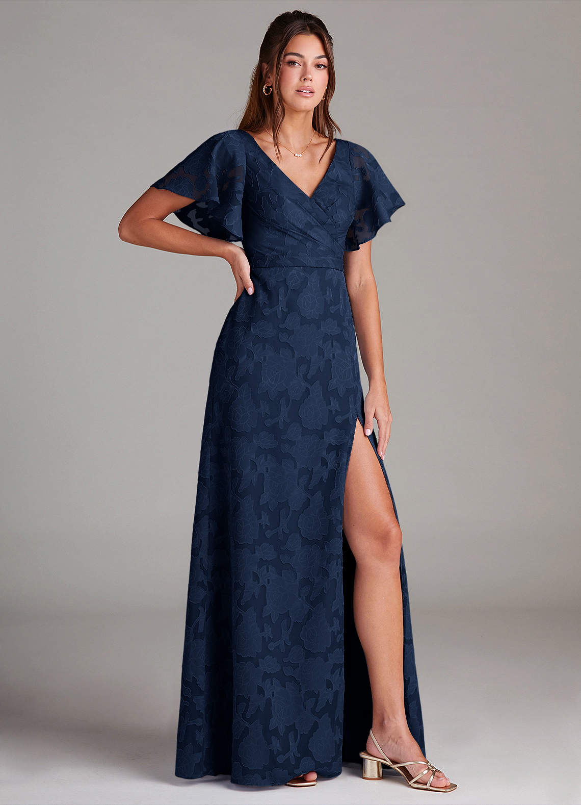 Azazie Ambrosia Robes de demoiselle d'honneur Robe Trapèze en Blumen-Burnout Plissée Bleu Marine Foncé image2