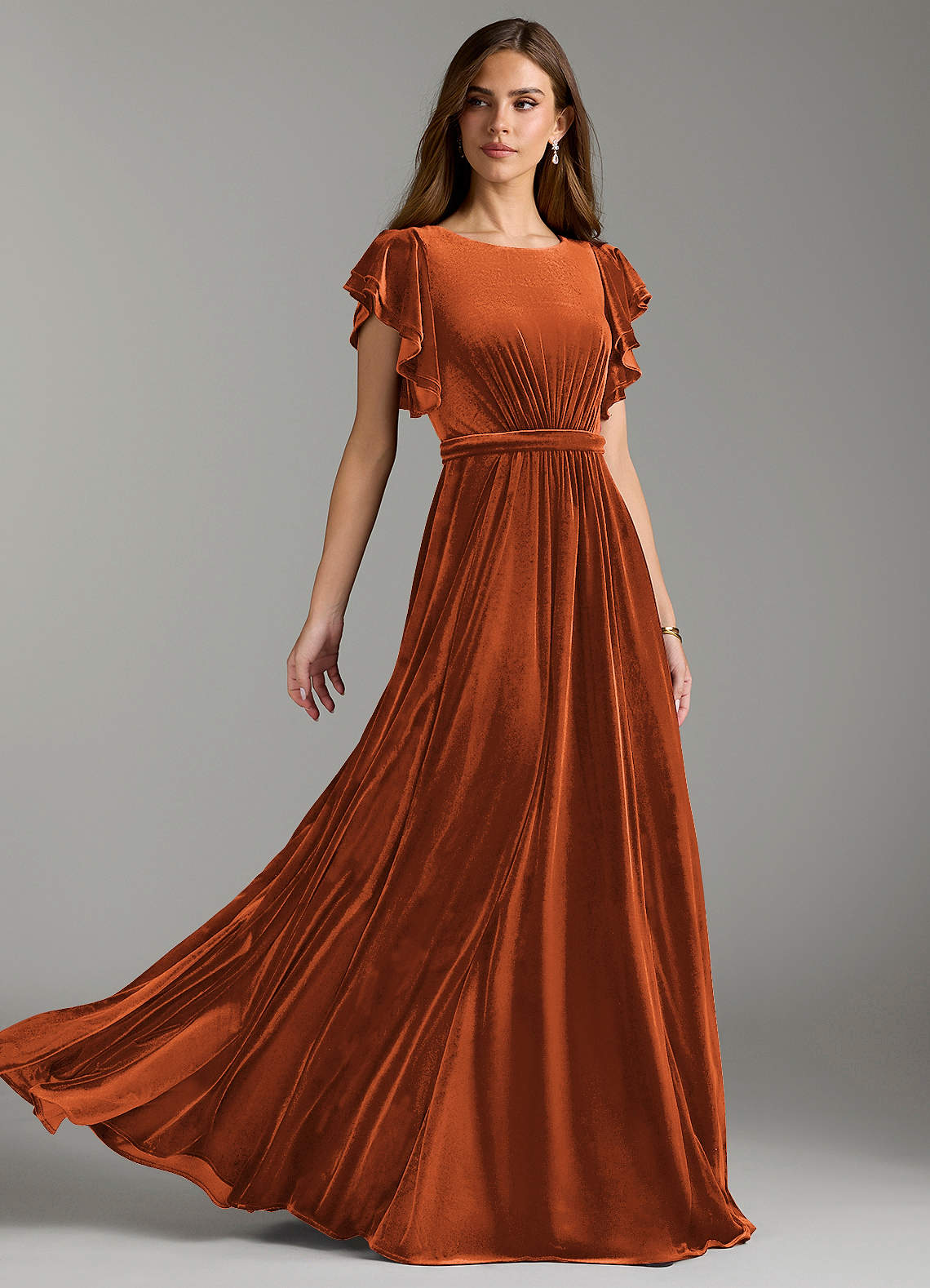 Azazie Daphne Modest Bridesmaid Dresses A-Line Velvet Floor-Length Dress with Belt image1