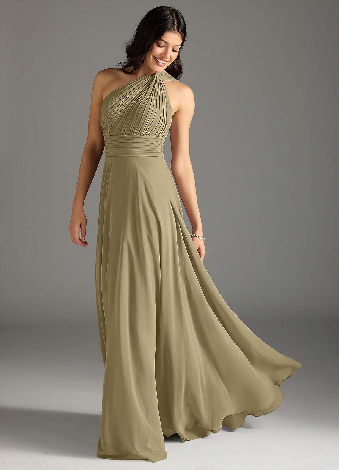 Azazie Charlize Bridesmaid Dresses Moss Green A-Line One Shoulder Chiffon Dress image1