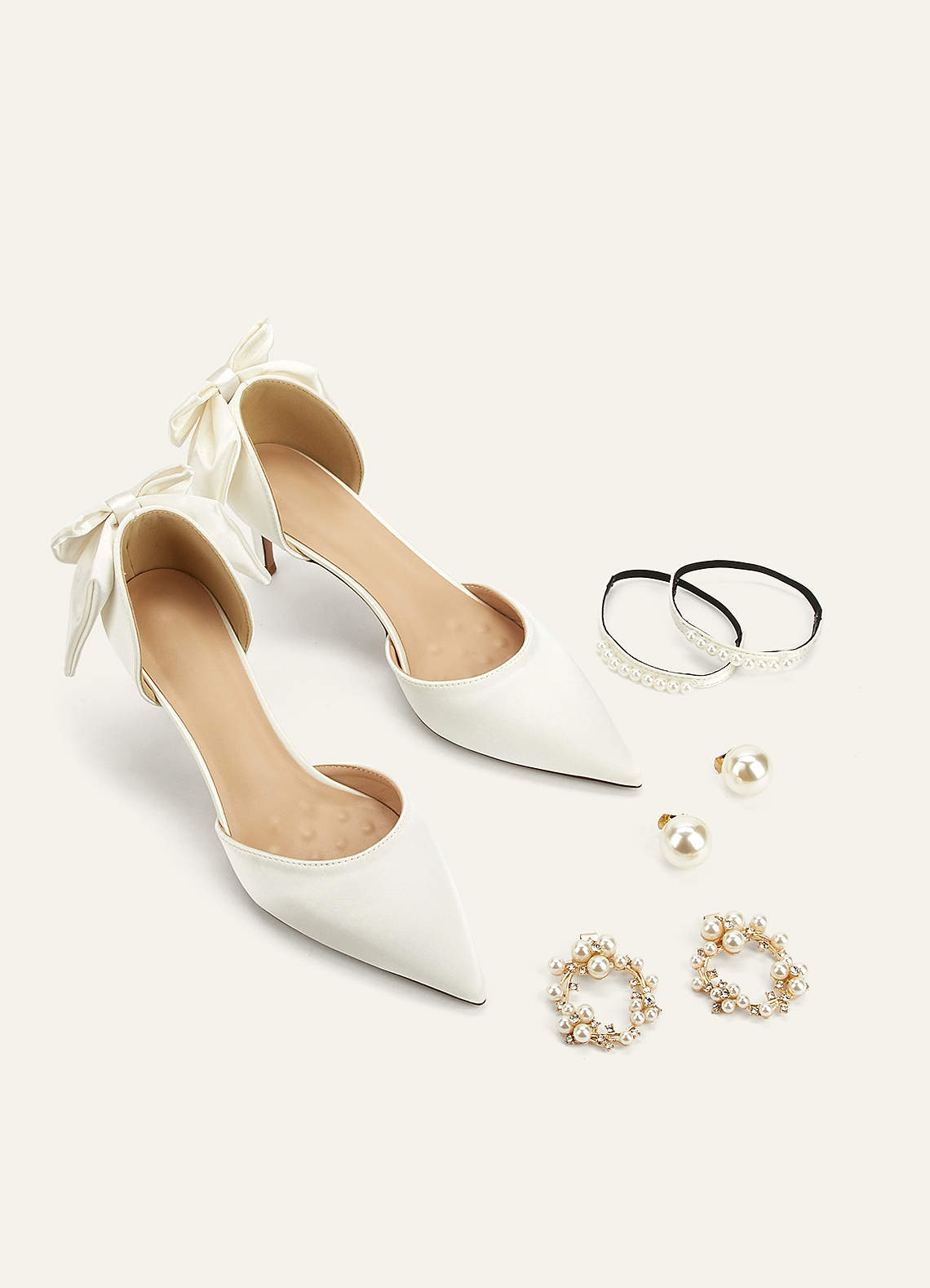 front Satin Pearl and Bow Pumps