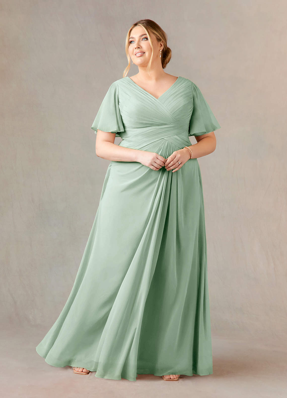 Azazie Morning Glory Mother of the Bride Dresses Agave A-Line V-Neck Ruched Chiffon Dress image1