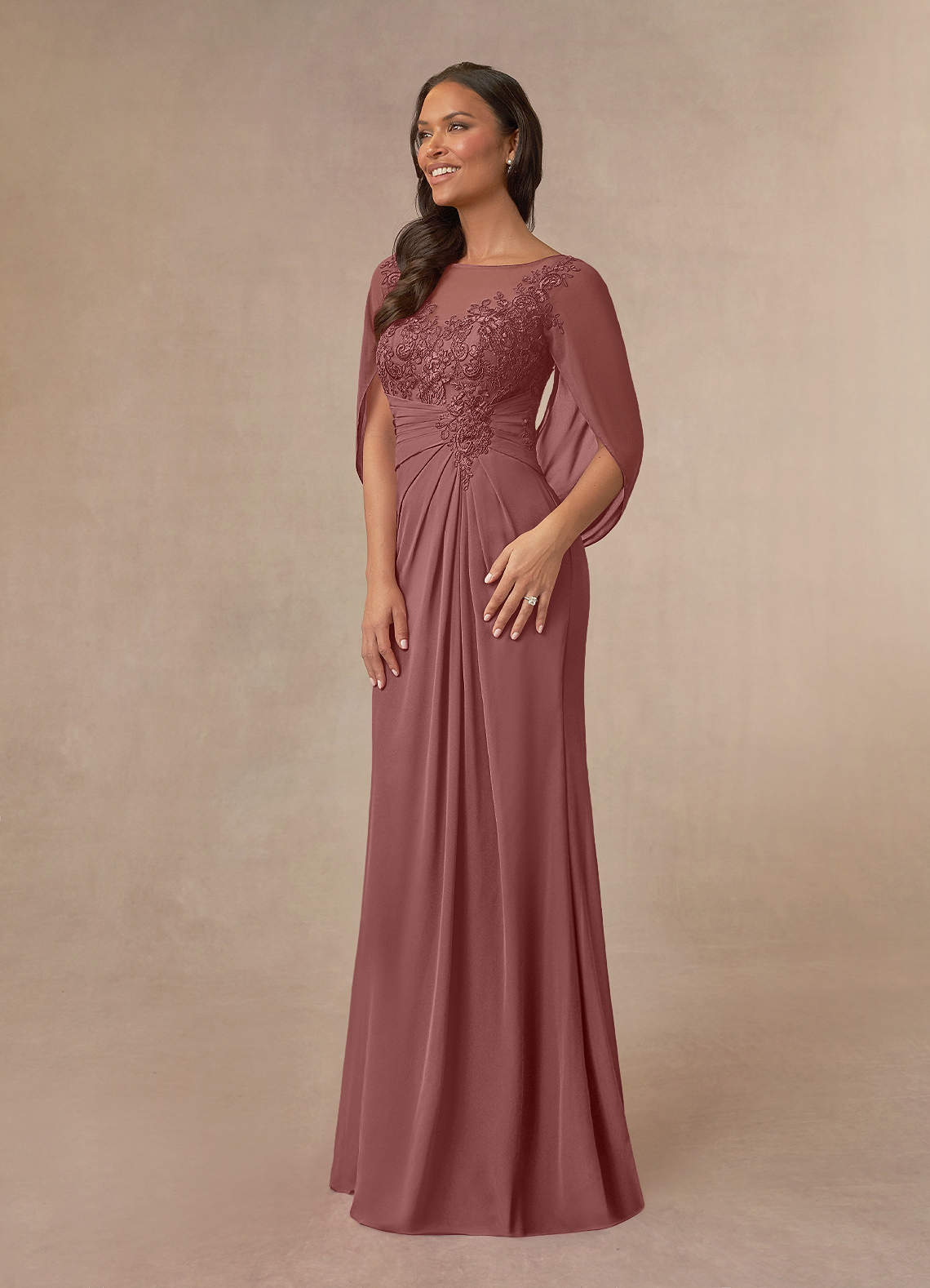 Azazie Hera Mother of the Bride Dresses Desert Rose A-Line Lace Capelet Chiffon Dress image8