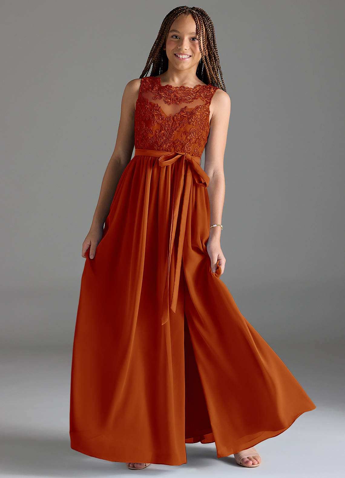 Azazie Elly Junior Robe Trapèze en Mousseline de soie Dentelle Paprika image1