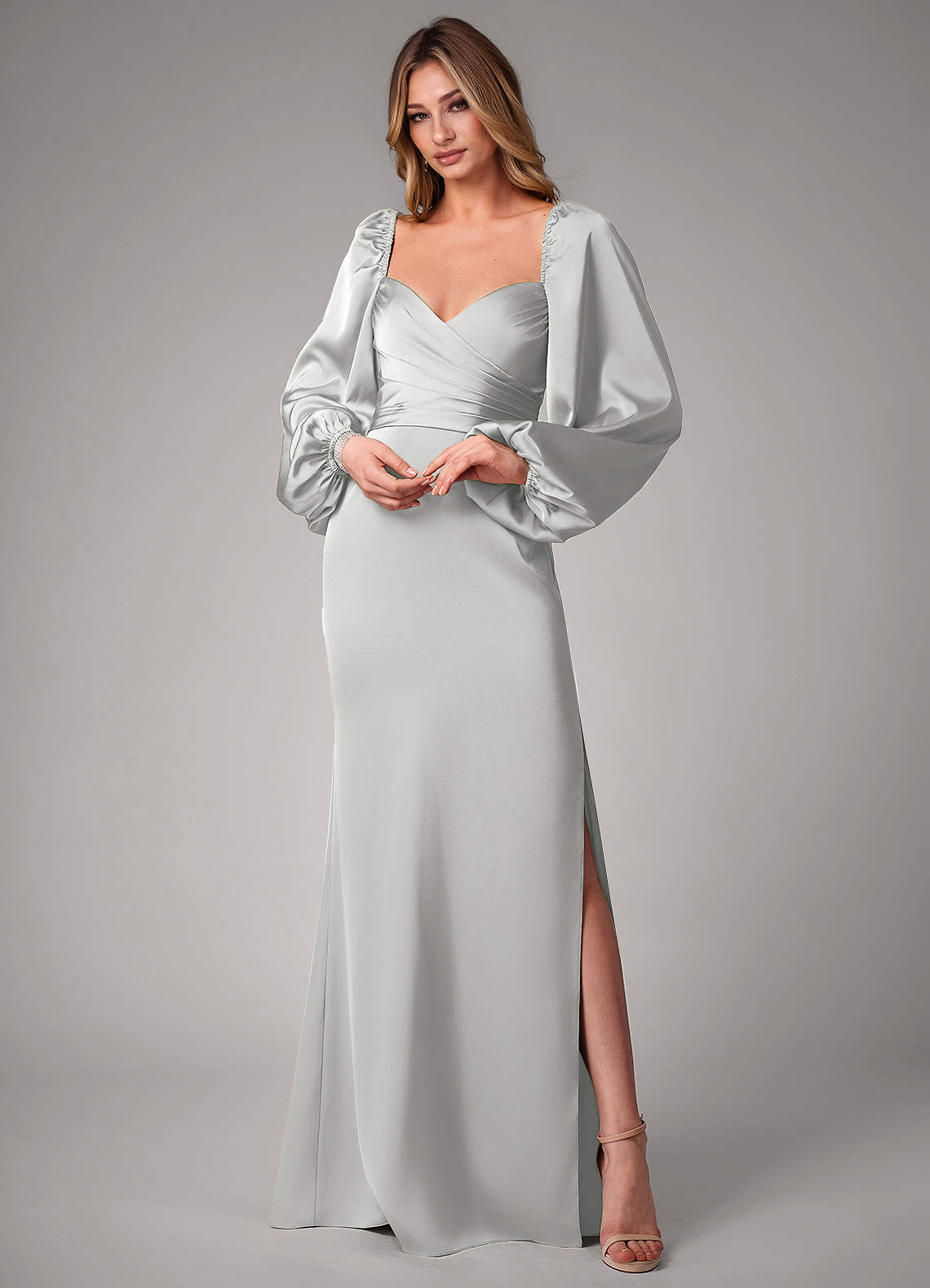 Azazie Sonata Bridesmaid Dresses Silver Sheath Long Sleeve Stretch Satin Convertible Dress image1