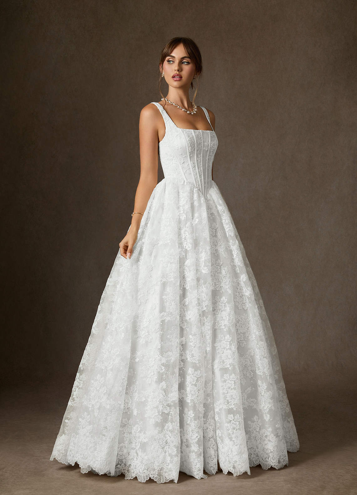 Azazie Geneva Diamond White Ball-Gown Square Neckline Lace Dress Sample  Dress | Azazie DE