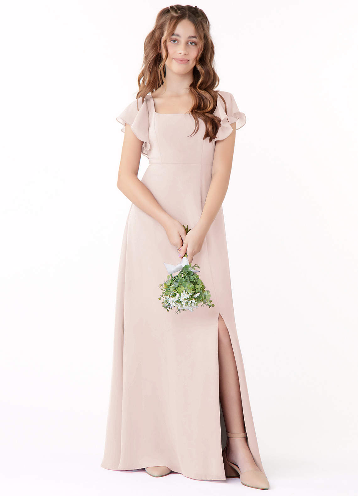 Azazie Bondi Junior Rose Petal A-Line Bow Chiffon Dress image1