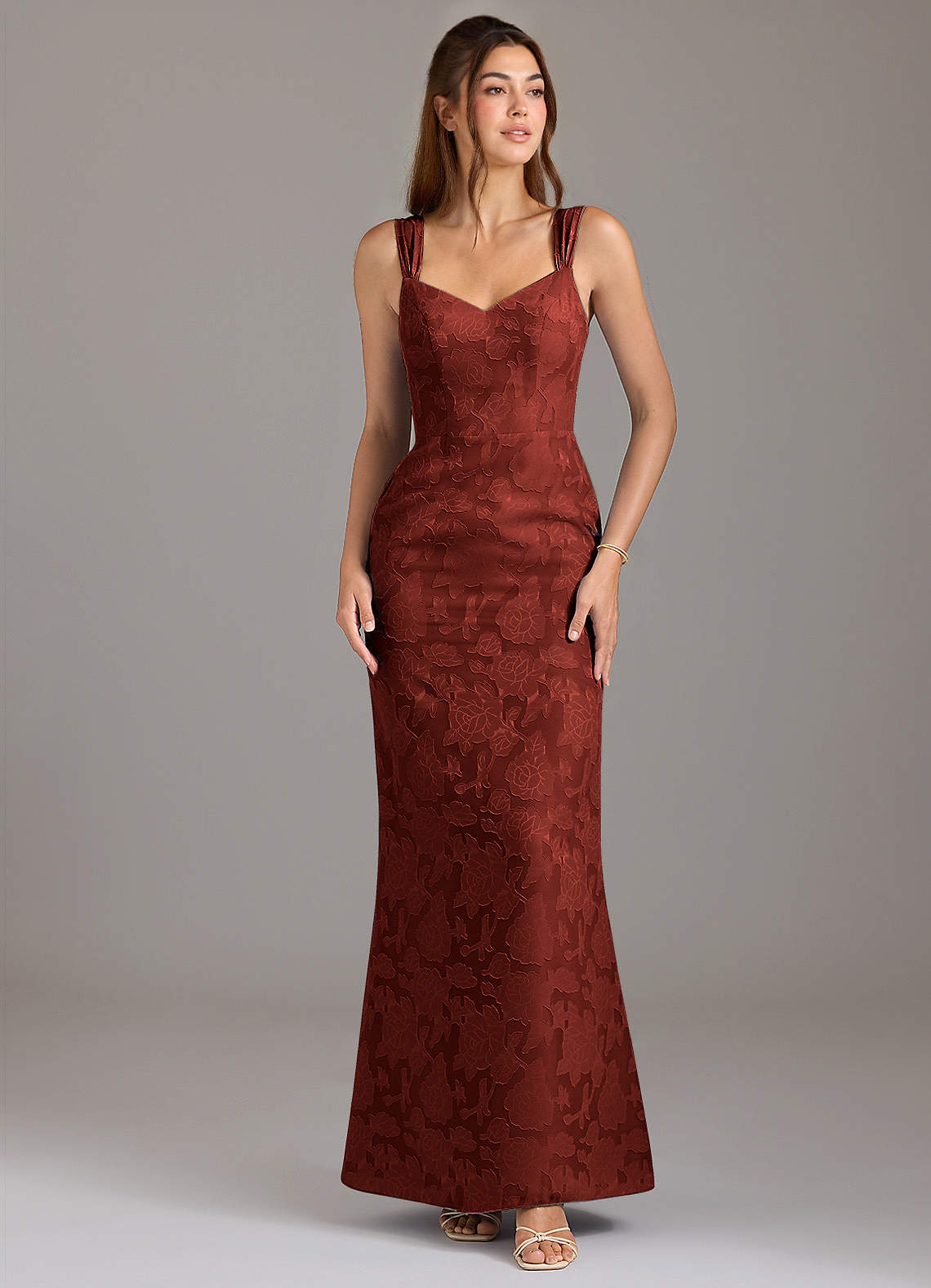 Azazie Denice Brautjungfernkleider A-Linie Plissee Blumen-Burnout Kleid Terrakotta image1