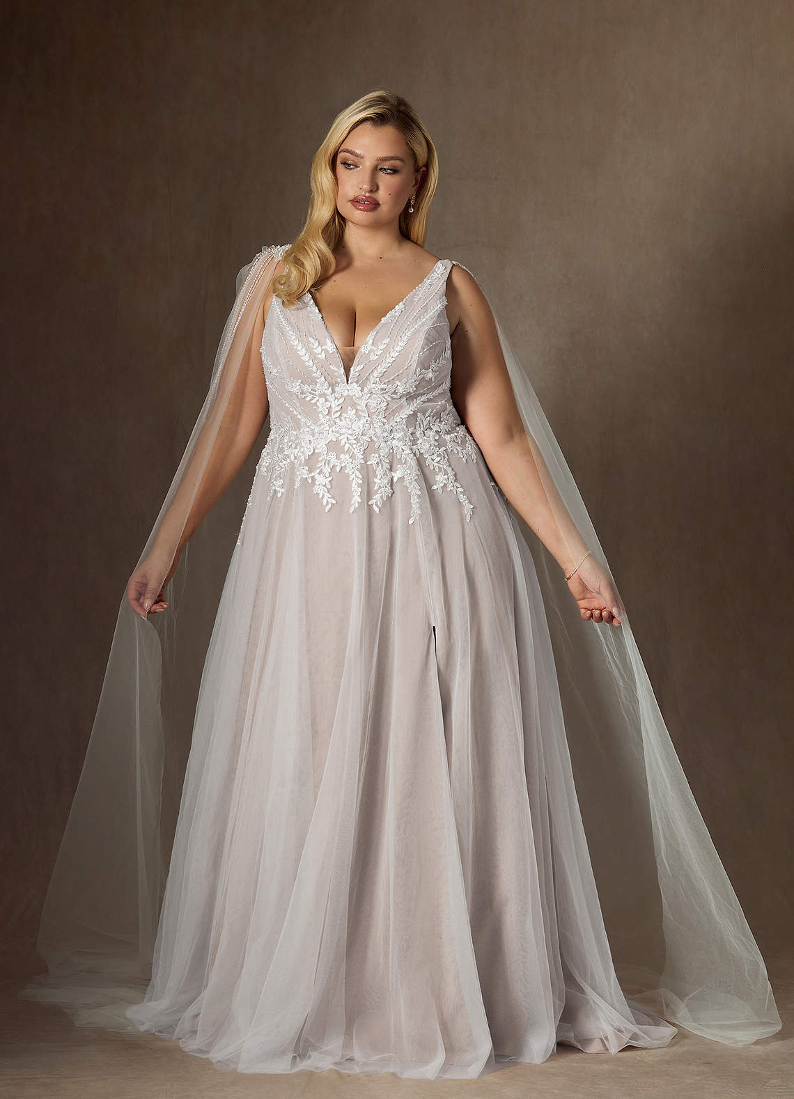 Azazie Goddess Wedding Dresses Diamond White Caramel A-Line V-Neck Sequins Tulle Dress image1