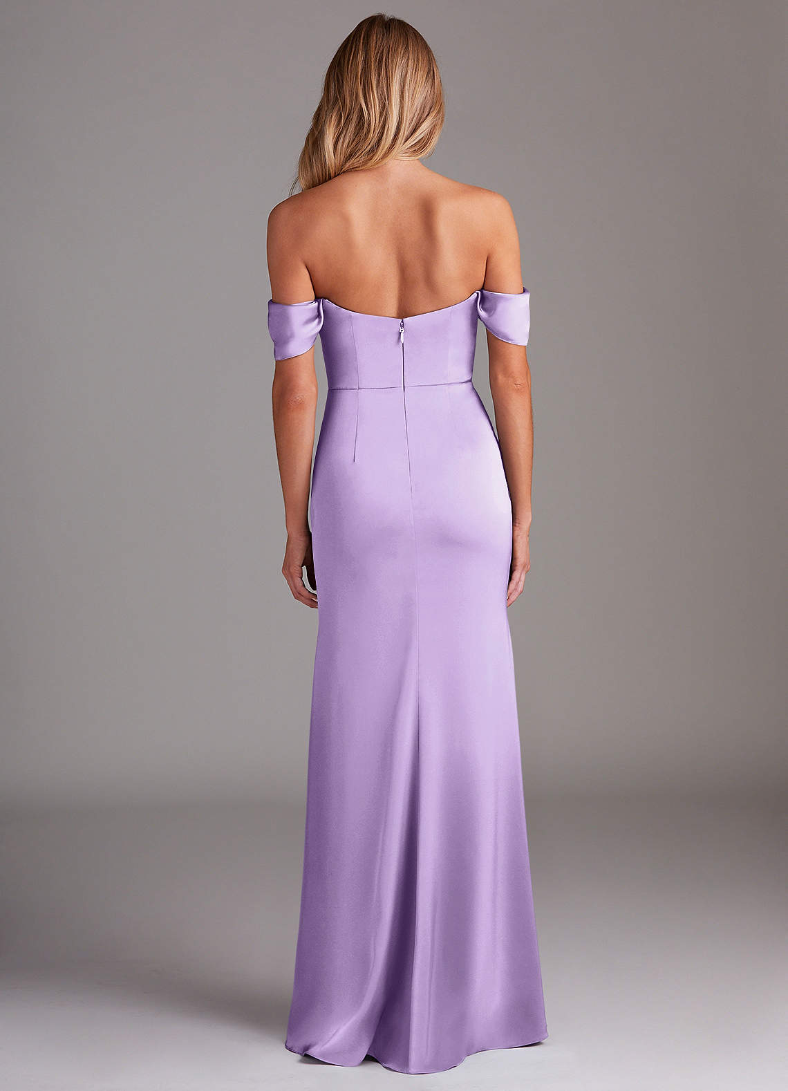 Azazie Saige Bridesmaid Dresses Lilac Sheath Off the Shoulder Stretch Satin Dress image9