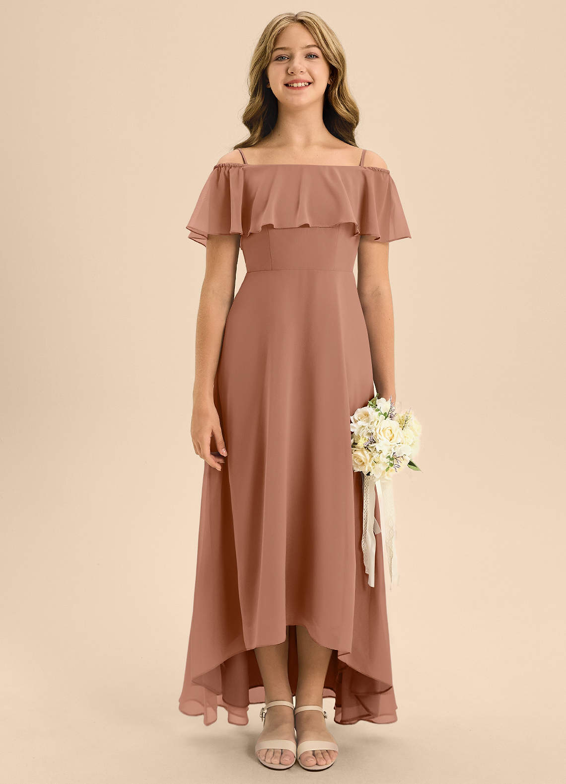Azazie Maggie Junior Bronzer A-Line Off the Shoulder Chiffon Dress image1