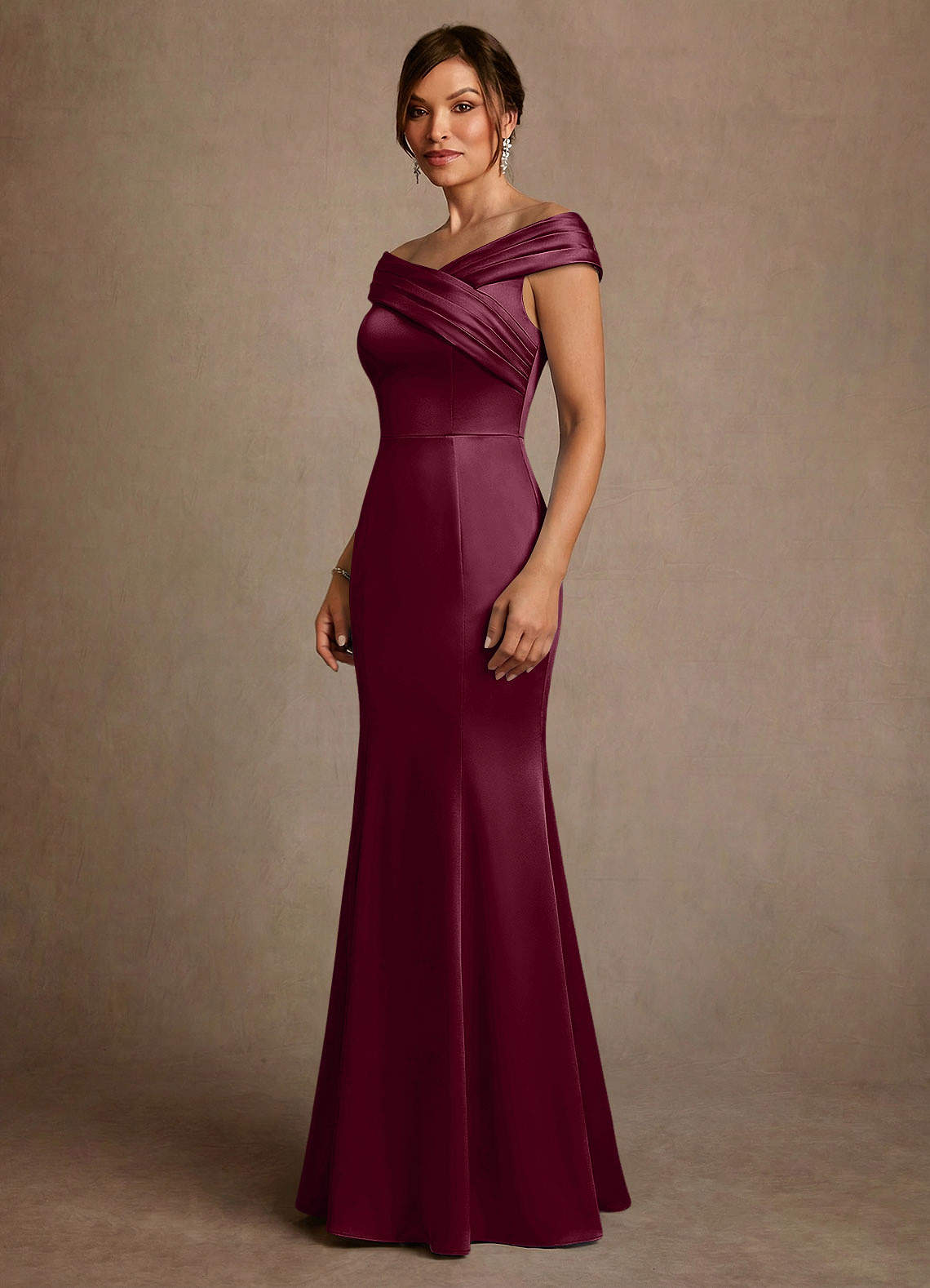 Azazie Aberdeen Mother of the Bride Dresses Mulberry Sheath Pleated Stretch Satin Dress image2