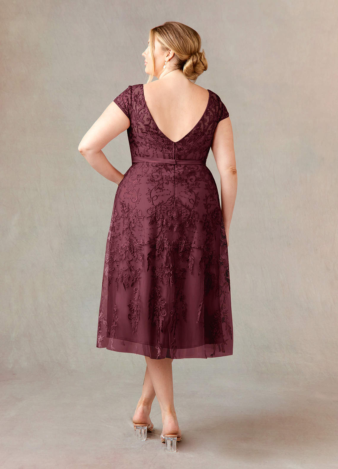 Azazie Sanna Vendita Finale Abito A-Line in Tulle in Pizzo con Scollo a U Burgundy Champagne image7
