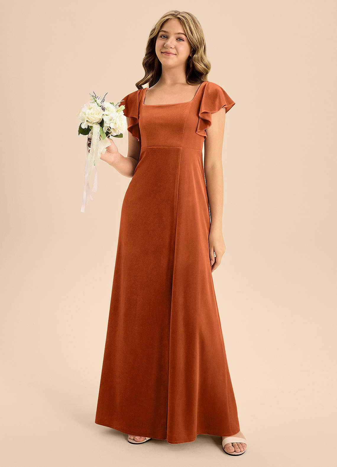 Azazie Bondi Junior Jurk van flueel met A-Lijn Boog Verbrande Sinaasappel image1