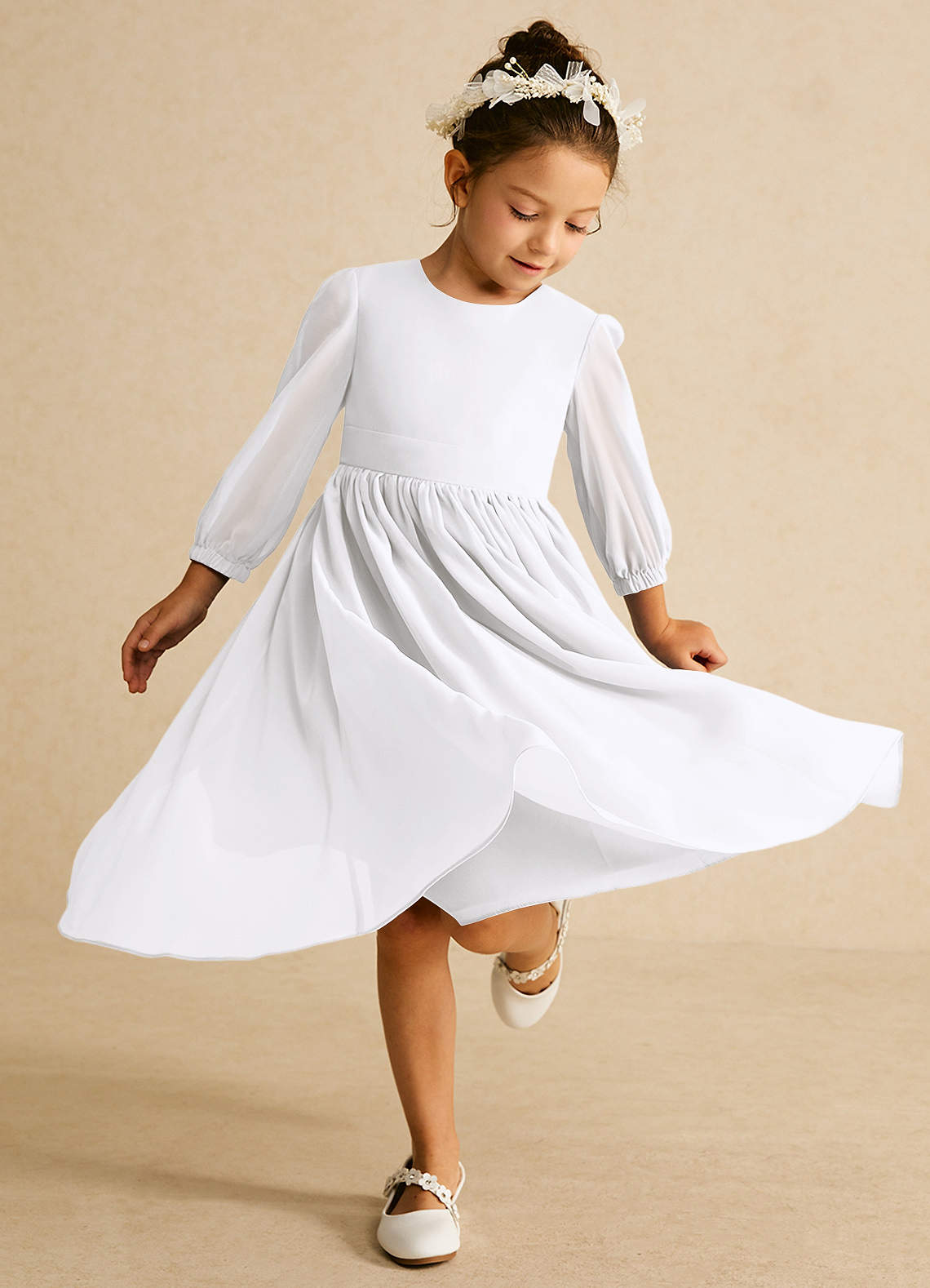 Azazie Lolo Flower Girl Dresses White A-Line with Sleeves Chiffon Dress image1