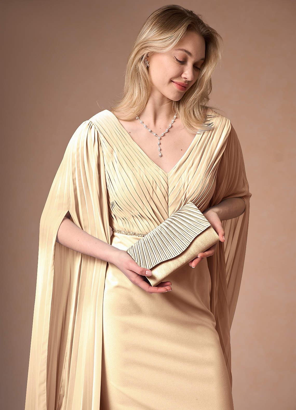 front Matching Color Pleated Metallic Satin Envelope Clutch