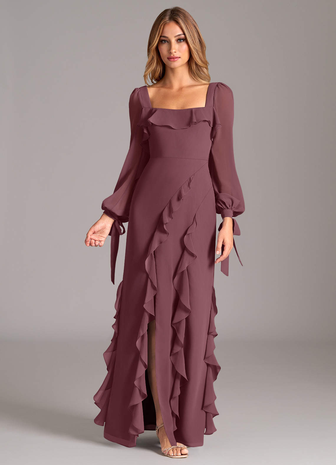 Azazie Candice Bridesmaid Dresses Sangria A-Line Long Sleeve Chiffon Dress image1