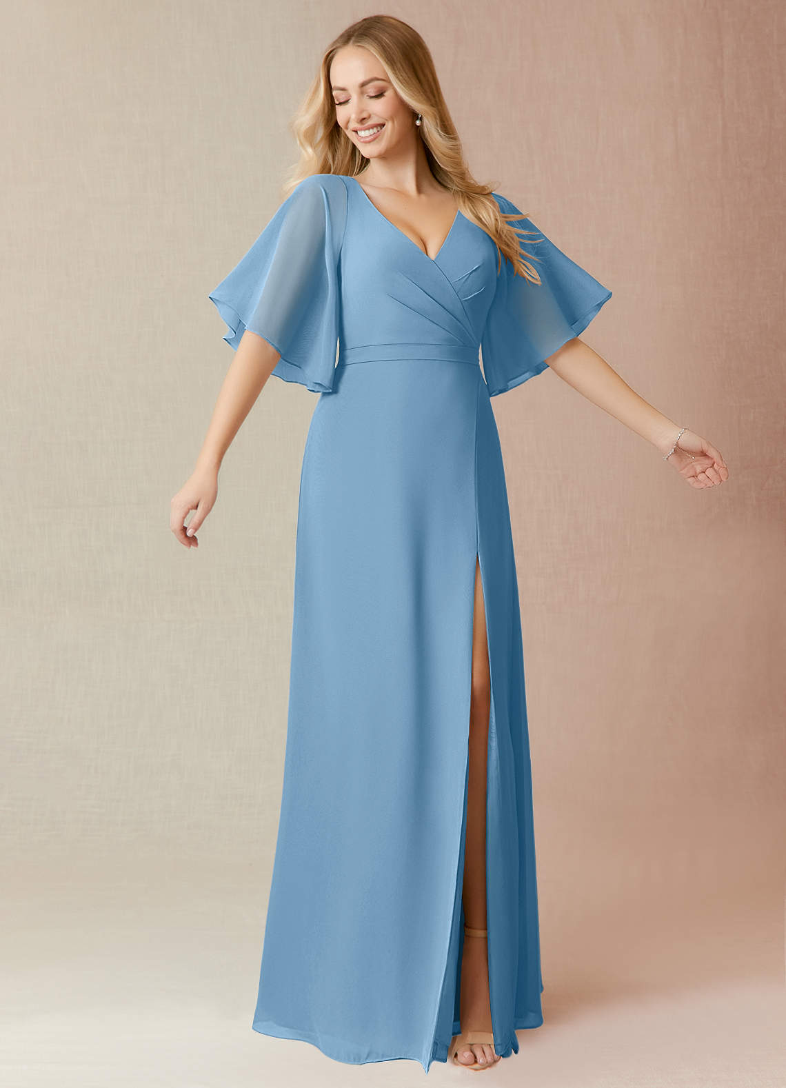 Azazie Cierra Bridesmaid Dresses Steel Blue A-Line V-Neck Chiffon Dress image1
