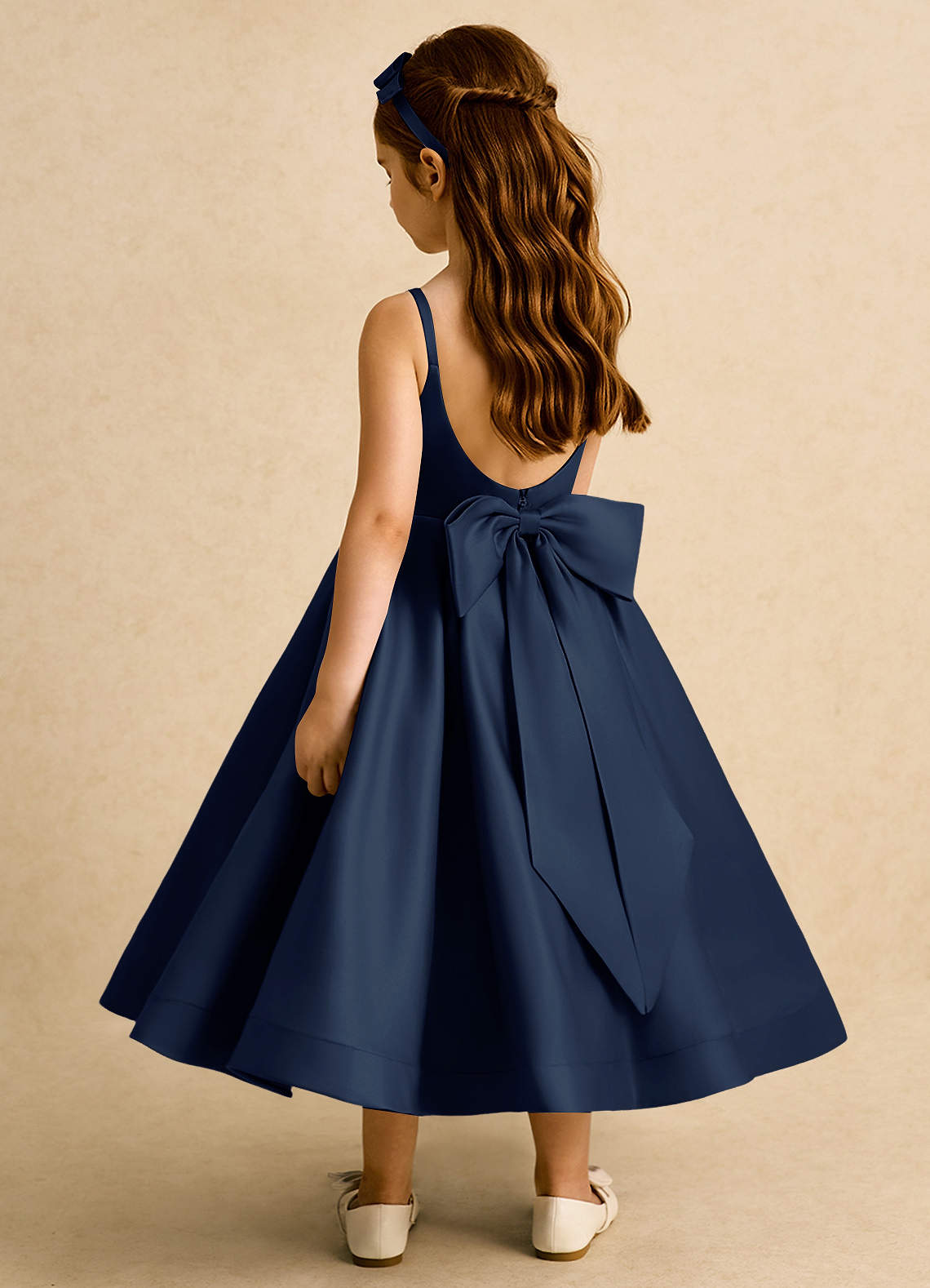 Azazie Babs Blumenmädchenkleider Ballkleid Plissee Matte Satin Kleid Dunkelmarine image1