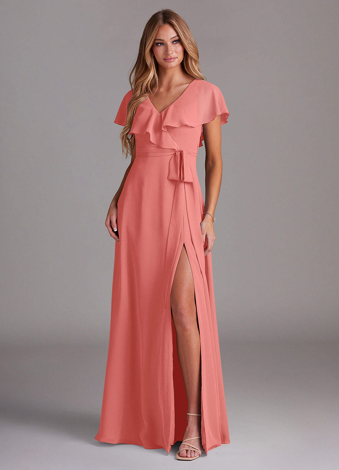 coral maxi dresses bridesmaid Coral Long A-line Chiffon V-neck Bridesmaid Dress with Ruffle main image 0
