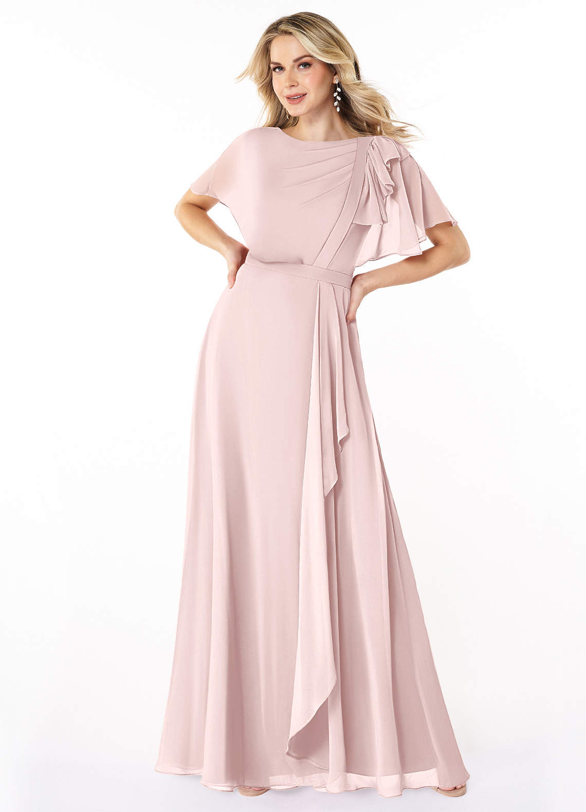 Azazie A-Line/Princess Scoop Neck Floor-Length Chiffon Modest Bridesmaid Dresses - Blushing Pink