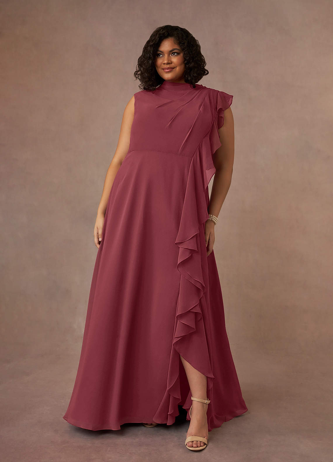 Azazie Narine Mother of the Bride Dresses Merlot A-Line High Neckline Pleated Chiffon Dress image1