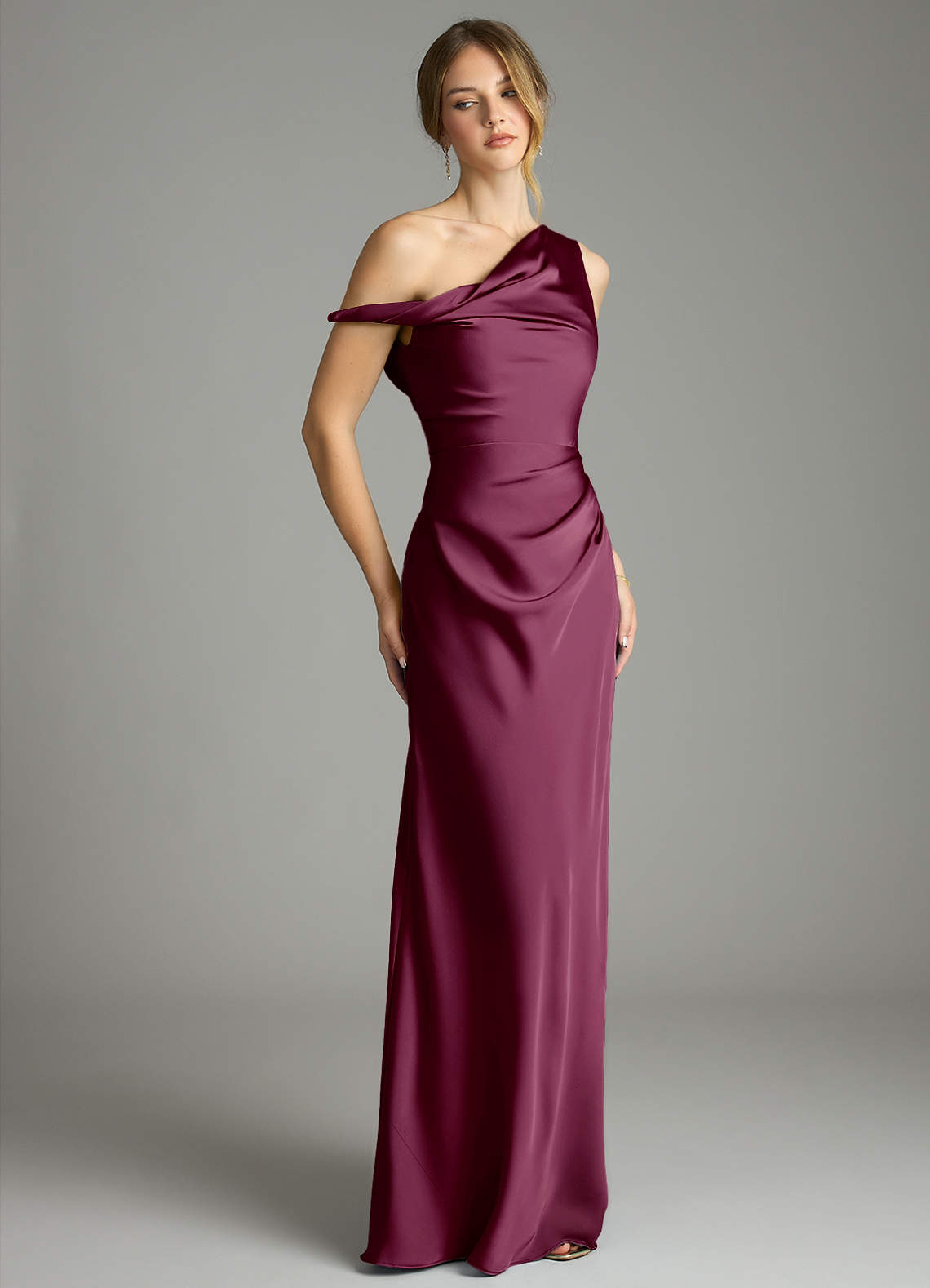 Azazie Emerson Bridesmaid Dresses Mulberry Mermaid Off the Shoulder Stretch Satin Dress image4