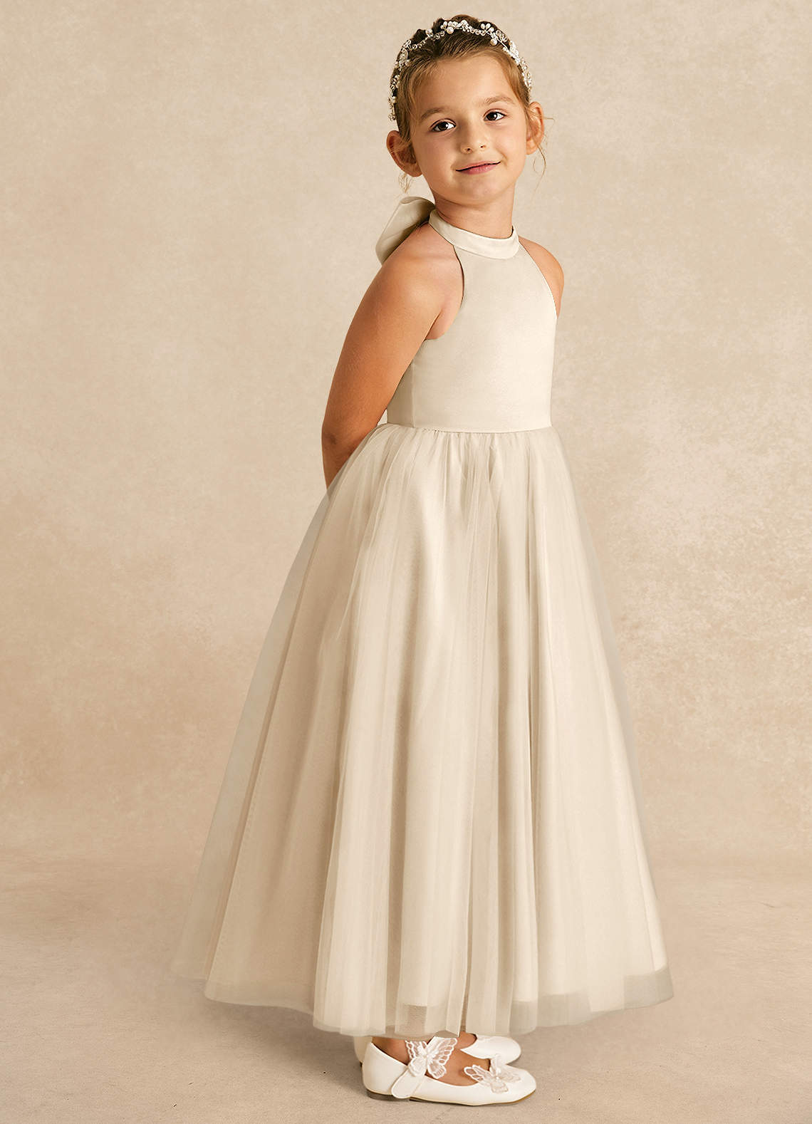 Azazie Bev Flower Girl Dresses Champagne A-Line Convertible Tulle Dress image7