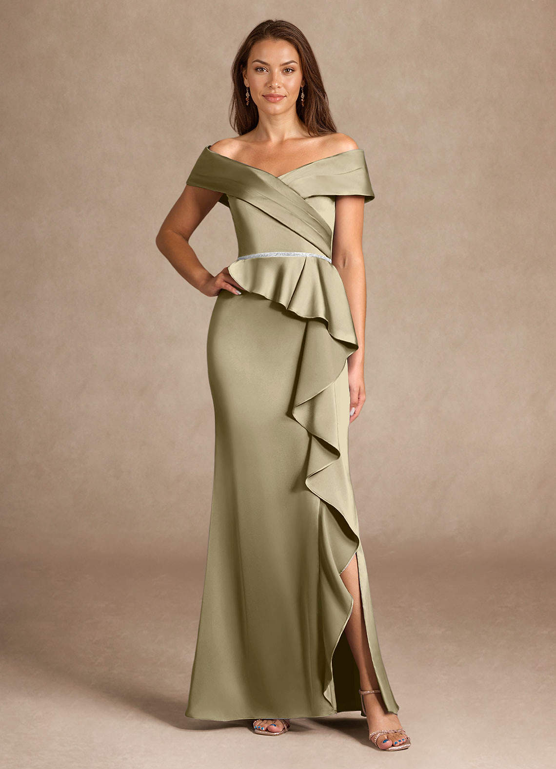 Azazie Dareia Mother of the Bride Dresses Moss Green Mermaid Off the Shoulder Stretch Satin Dress image1